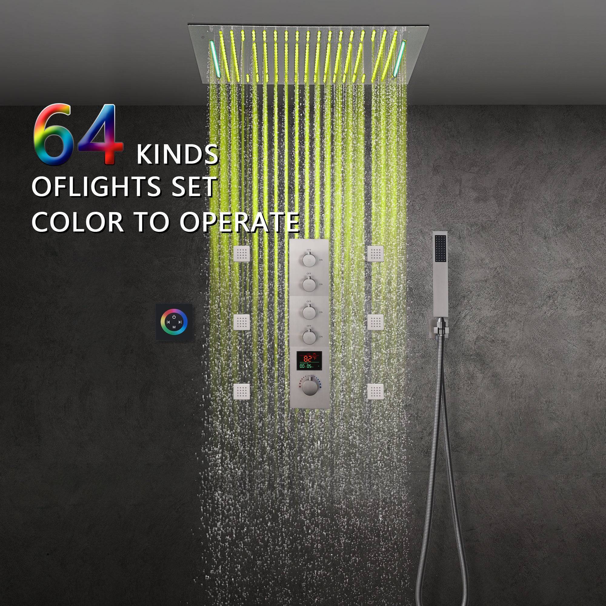Brushed nickel bluetooth music 64 LED colors 20 inch flushed on waterfall rainfall shower systems 4 way digital display thermostatic valve with 6 body jets