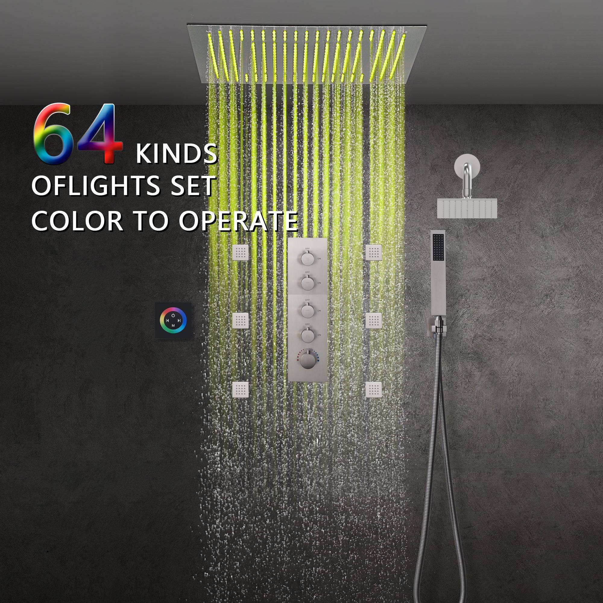 Brushed nickel 64 LED colors 20 inch flushed on rainfall shower systems 4 way Digital display thermostatic valve with regular head and 6 body jets and touch panel - Image 2
