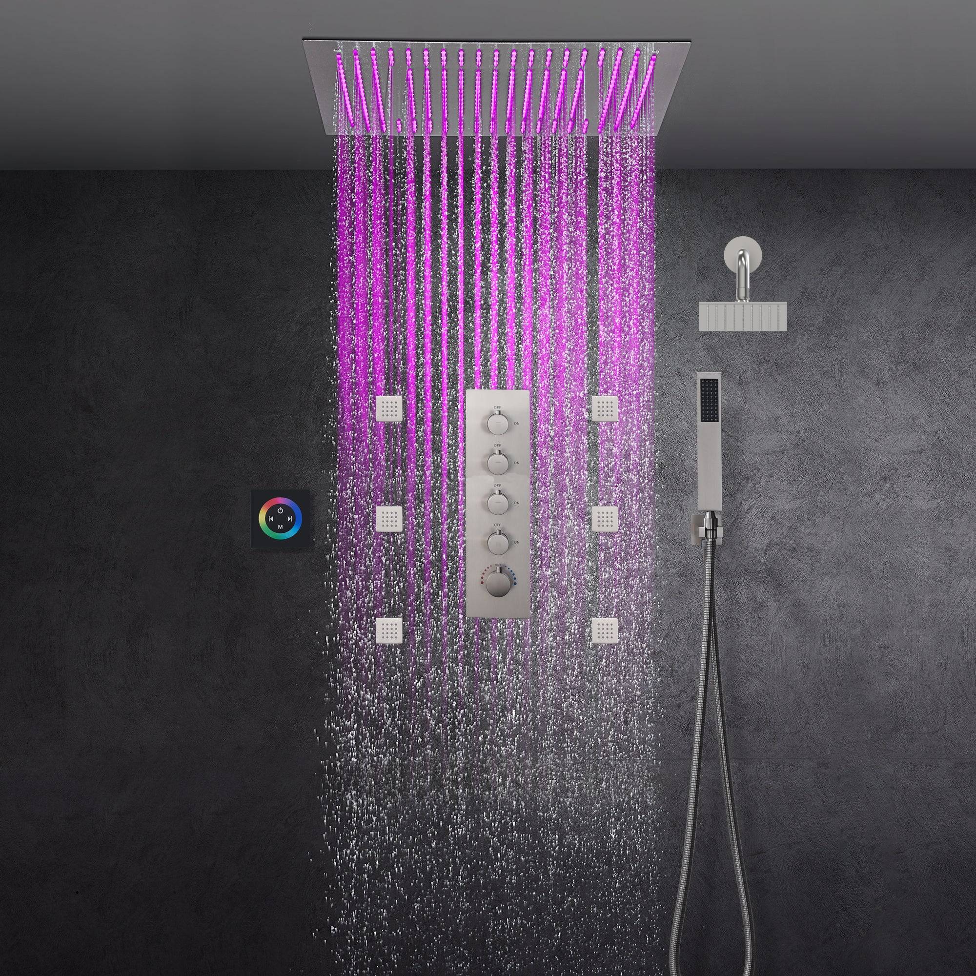 Brushed nickel 64 LED colors 20 inch flushed on rainfall shower systems 4 way Digital display thermostatic valve with regular head and 6 body jets and touch panel - Image 3