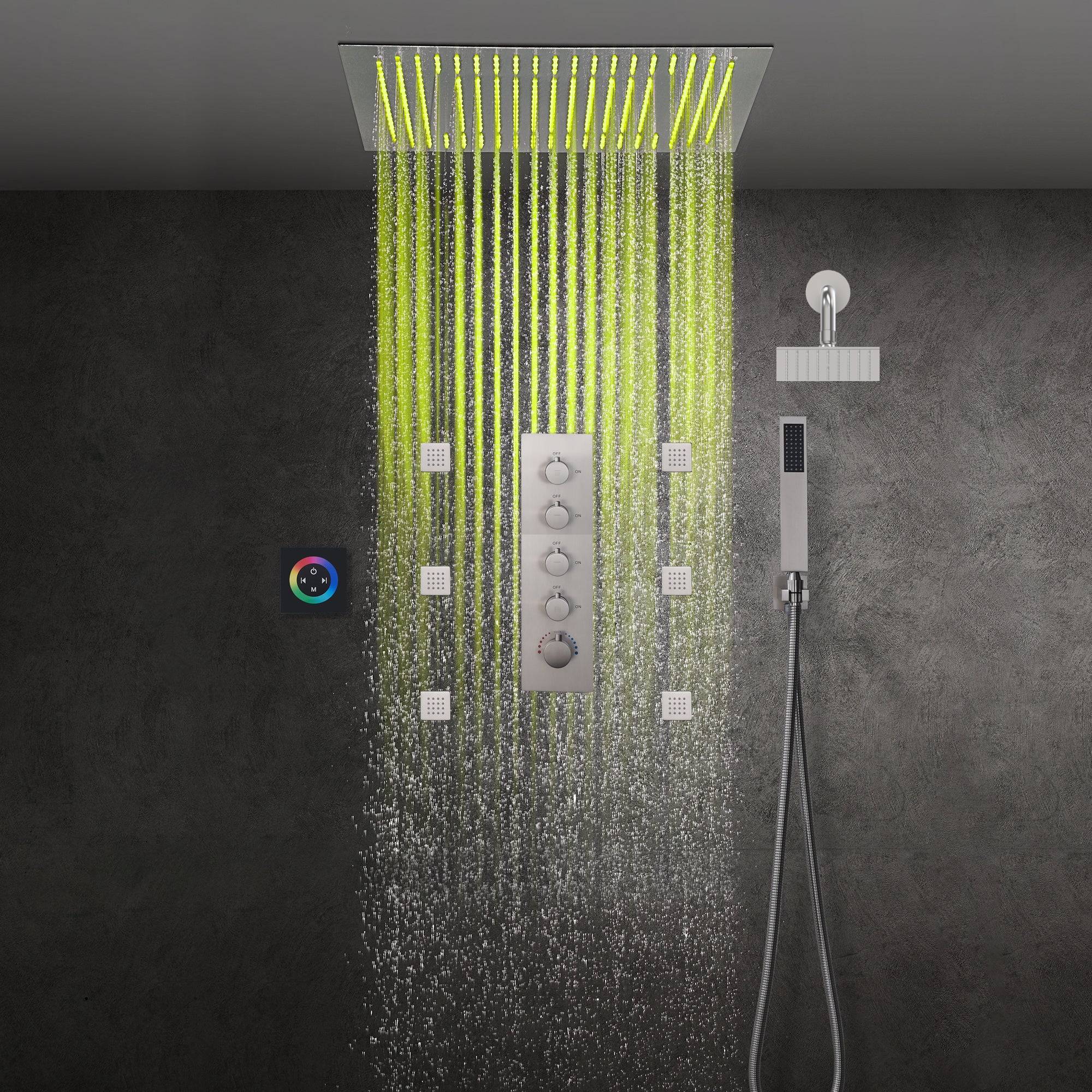 Brushed nickel 64 LED colors 20 inch flushed on rainfall shower systems 4 way Digital display thermostatic valve with regular head and 6 body jets and touch panel - Image 4