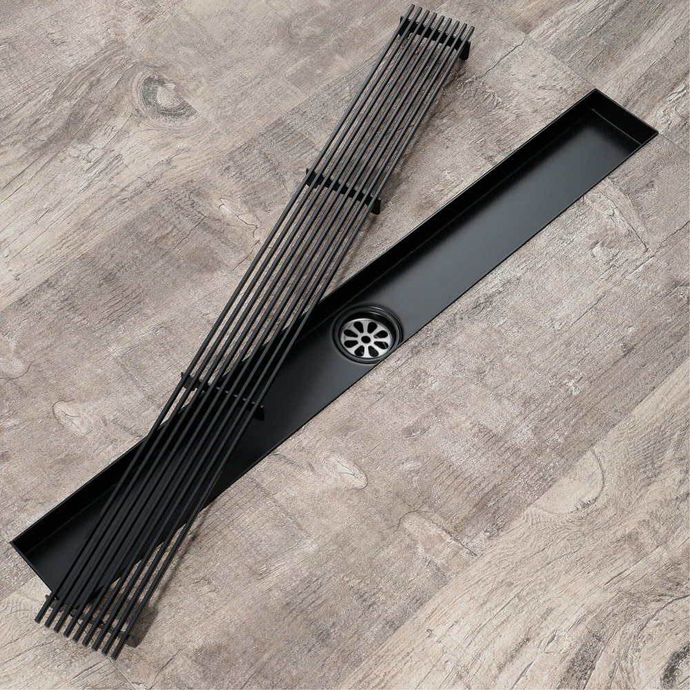 Matte Black  Linear shower drain stainless steel material 24 inch or 35.4 inch with grid cover with hair strainer and adjustment feet - Image 2