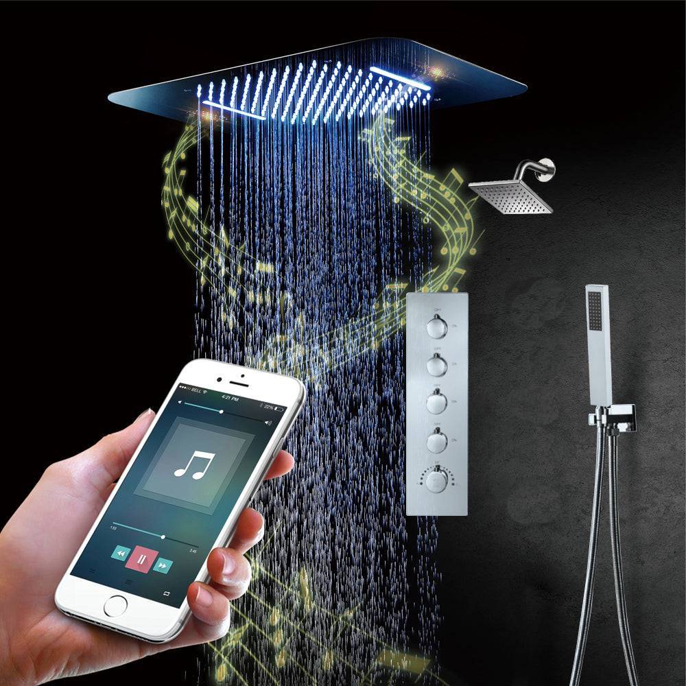 Brushed nickel Music LED Flushed in 23X 15 inch shower head 4 way digital display thermostatic shower faucet with regular head - Image 2