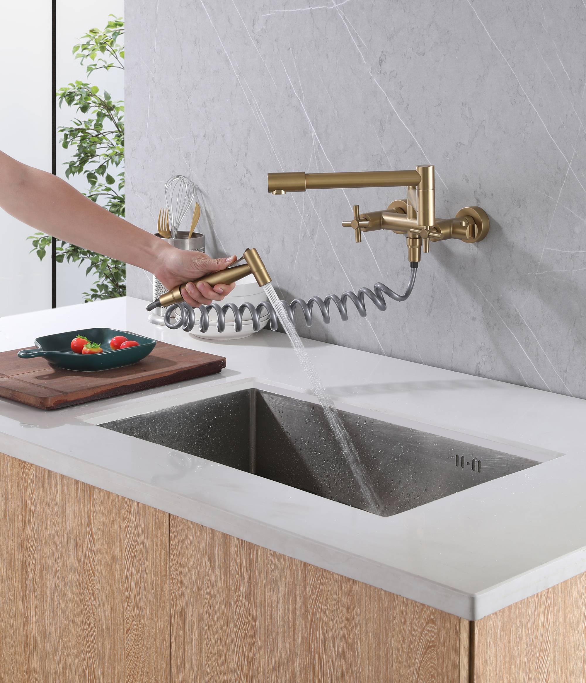 Brushed Gold Pot Filler Faucet Folding Stretchable Brass Hot & Cold Kitchen Faucet Wall Mount with side sprayer - Image 2