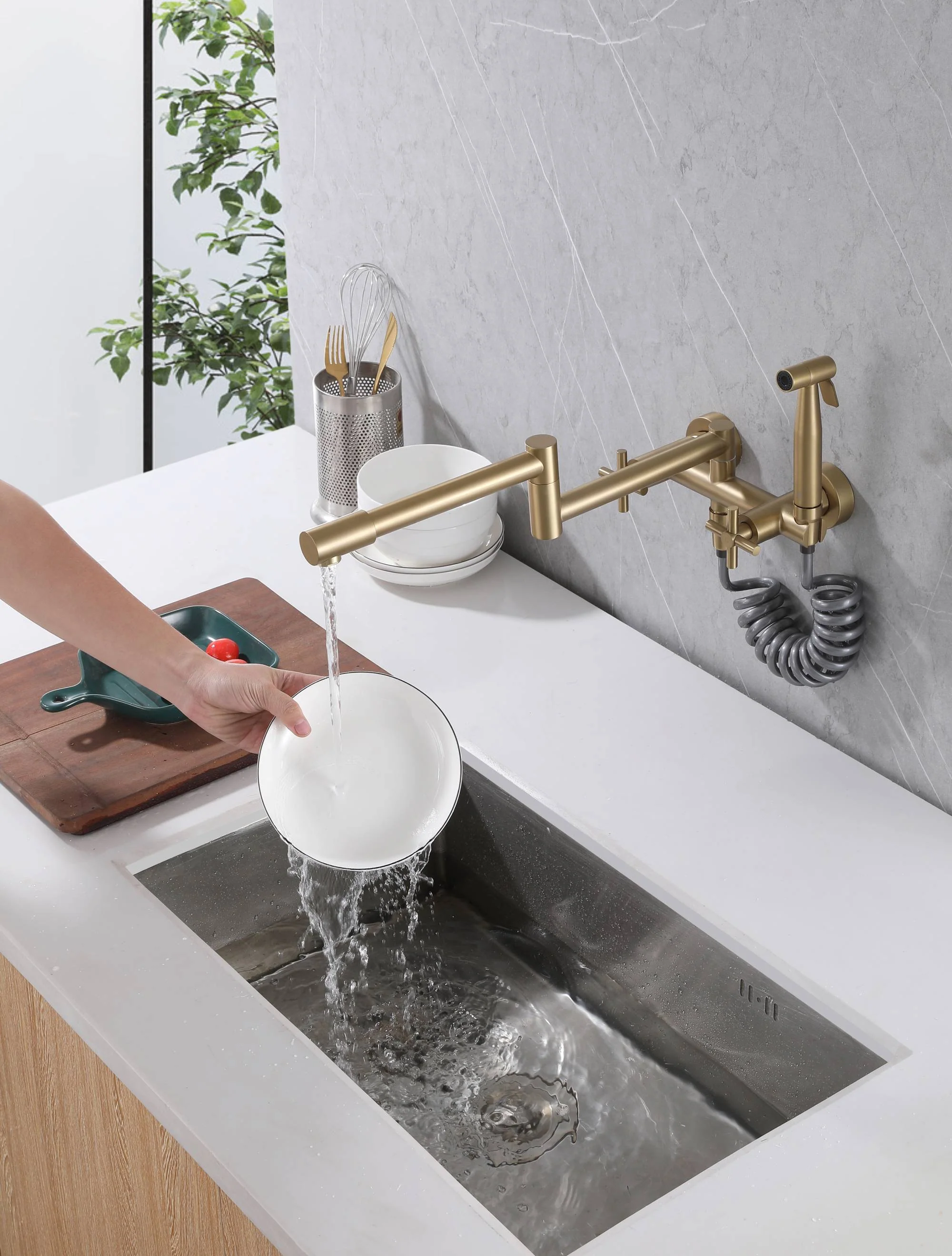 Brushed Gold Pot Filler Faucet Folding Stretchable Brass Hot & Cold Kitchen Faucet Wall Mount with side sprayer - Image 3