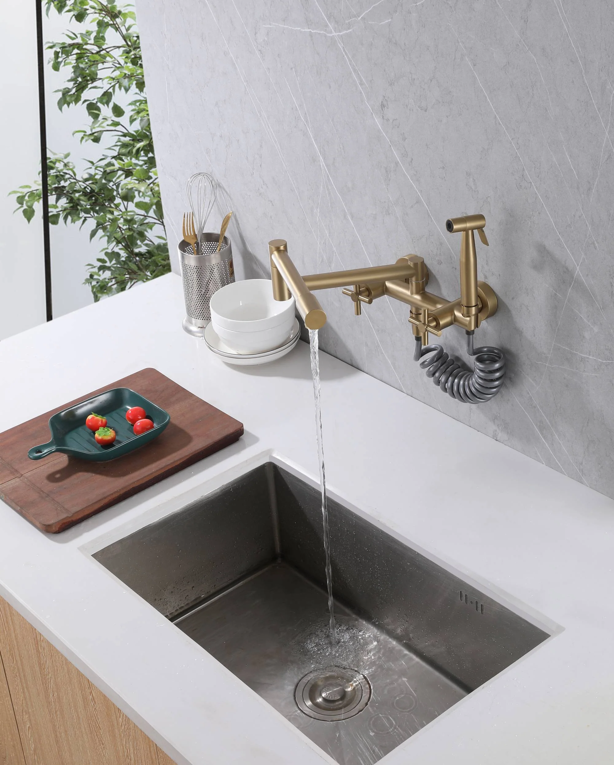 Brushed Gold Pot Filler Faucet Folding Stretchable Brass Hot & Cold Kitchen Faucet Wall Mount with side sprayer - Image 4