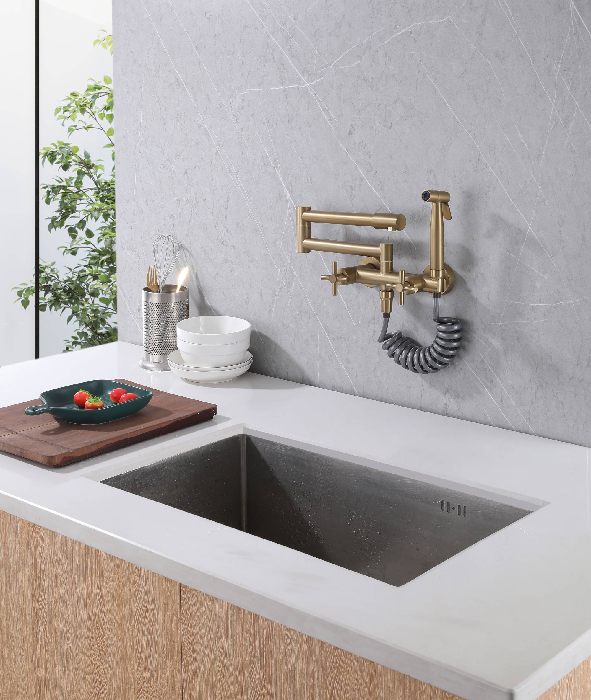 Brushed Gold Pot Filler Faucet Folding Stretchable Brass Hot & Cold Kitchen Faucet Wall Mount with side sprayer - Image 5