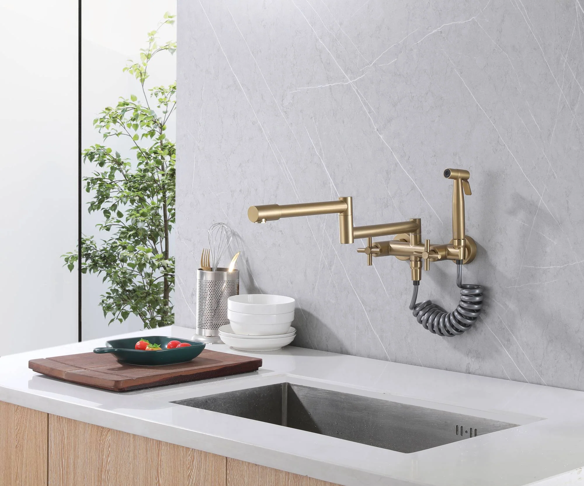 Brushed Gold Pot Filler Faucet Folding Stretchable Brass Hot & Cold Kitchen Faucet Wall Mount with side sprayer - Image 6