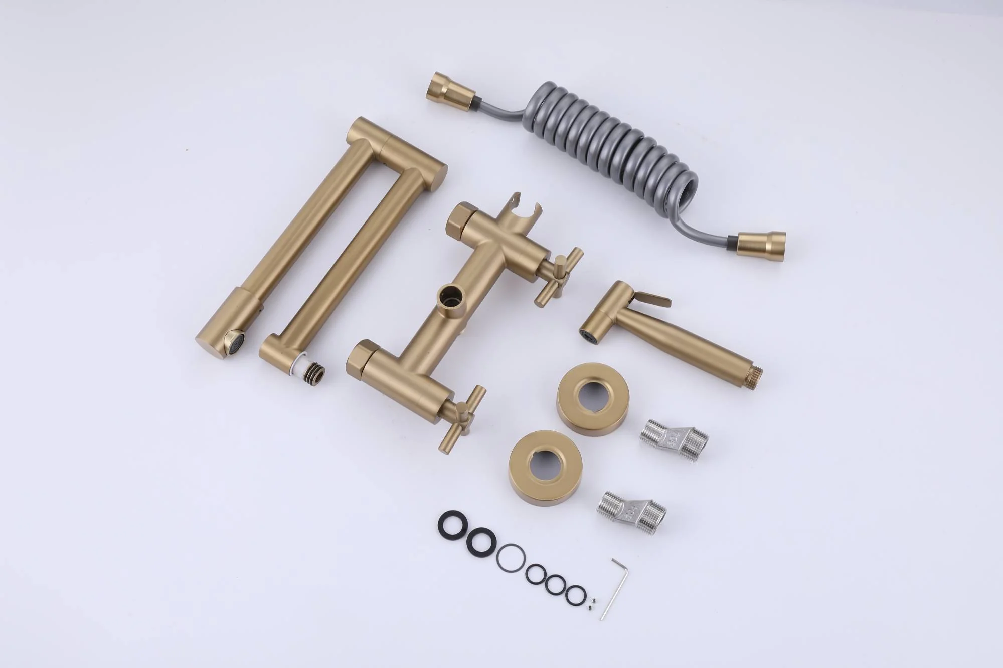 Brushed Gold Pot Filler Faucet Folding Stretchable Brass Hot & Cold Kitchen Faucet Wall Mount with side sprayer - Image 9