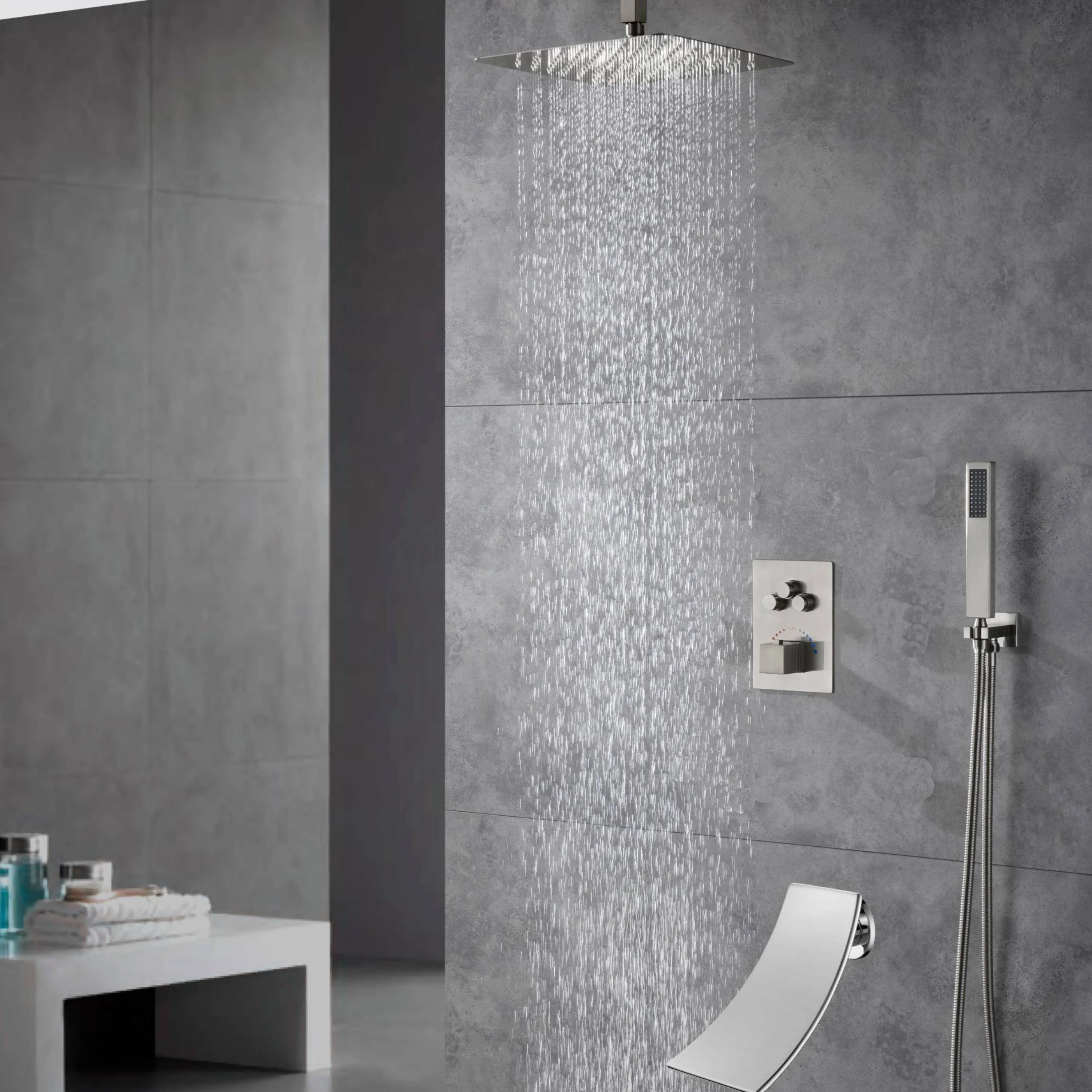 Ceiling mounted 3 functions Thermostatic Brushed Nickel rain Shower Faucet With waterfall tub spout - Image 3