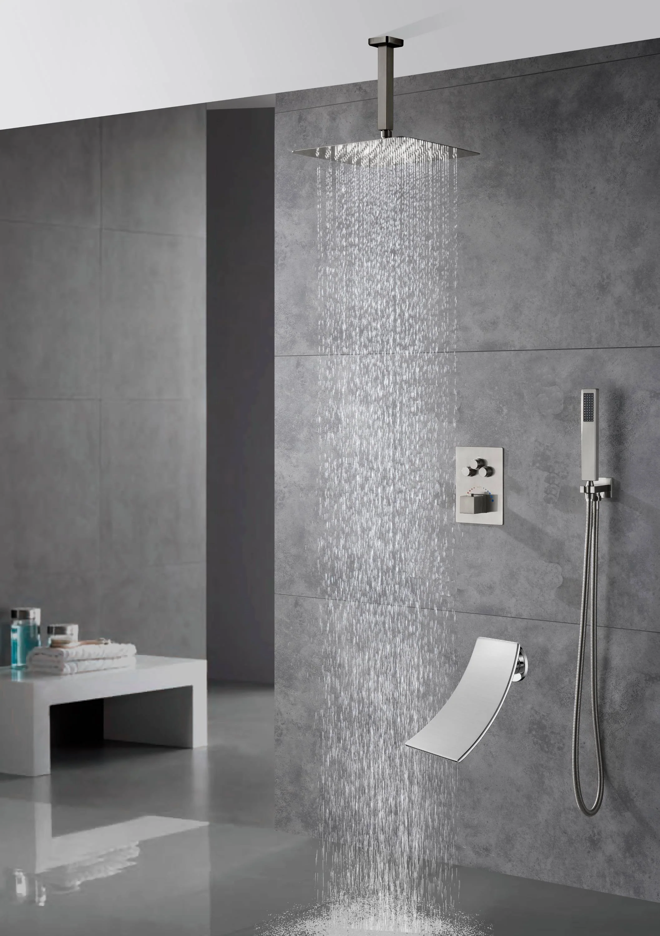 Ceiling mounted 3 functions Thermostatic Brushed Nickel rain Shower Faucet With waterfall tub spout - Image 4