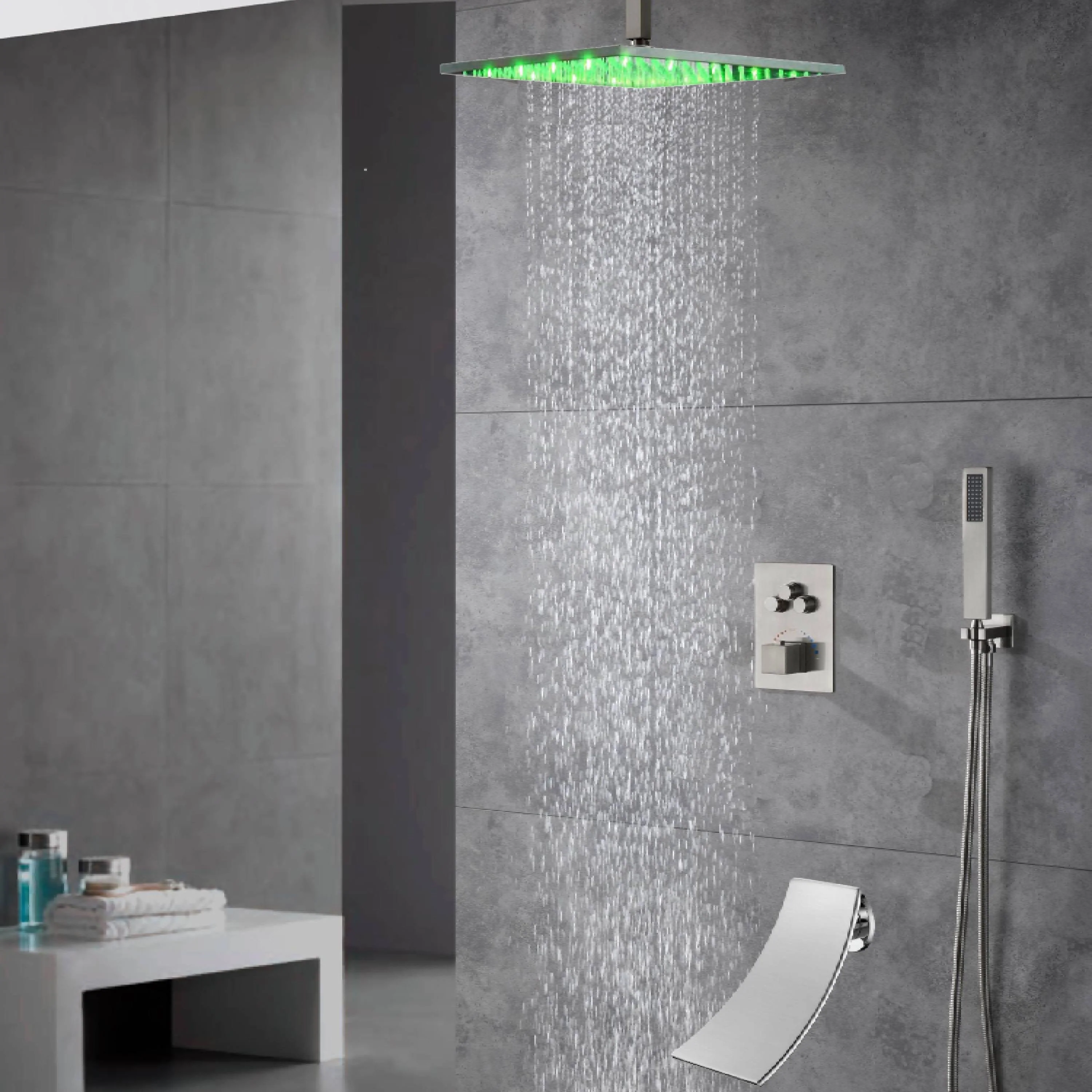Ceiling mounted 3 functions Thermostatic Brushed Nickel rain Shower Faucet With waterfall tub spout - Image 5