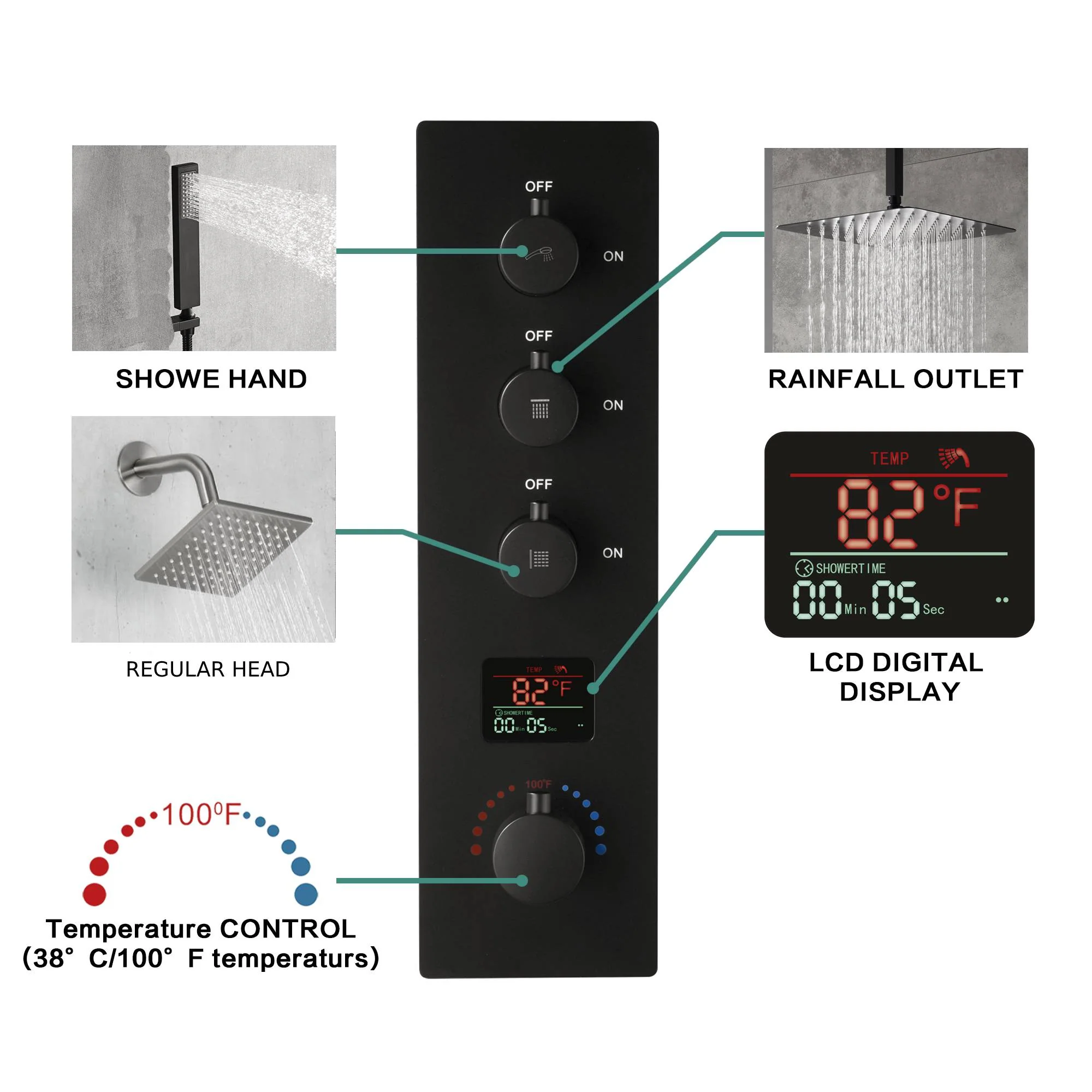 Brushed Nickel Rainfall Shower Head System: Available in 12'' or 16'', Optional LED Light, High Pressure, 3-Way Thermostatic Faucet, Simultaneous or Separate Functionality, with Optional Digital Display - Image 10