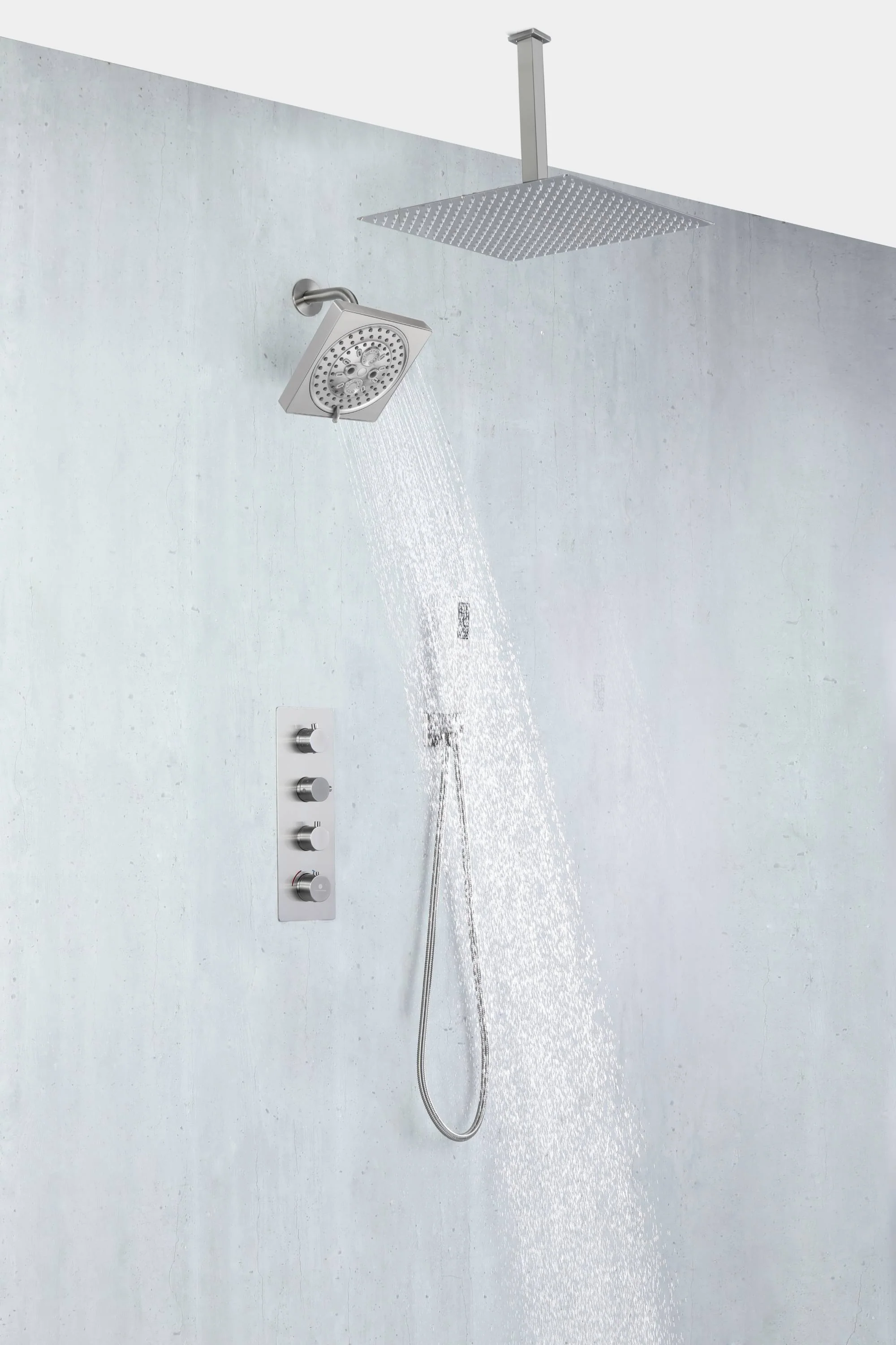 Brushed Nickel Rainfall Shower Head System: Available in 12'' or 16'', Optional LED Light, High Pressure, 3-Way Thermostatic Faucet, Simultaneous or Separate Functionality, with Optional Digital Display - Image 11
