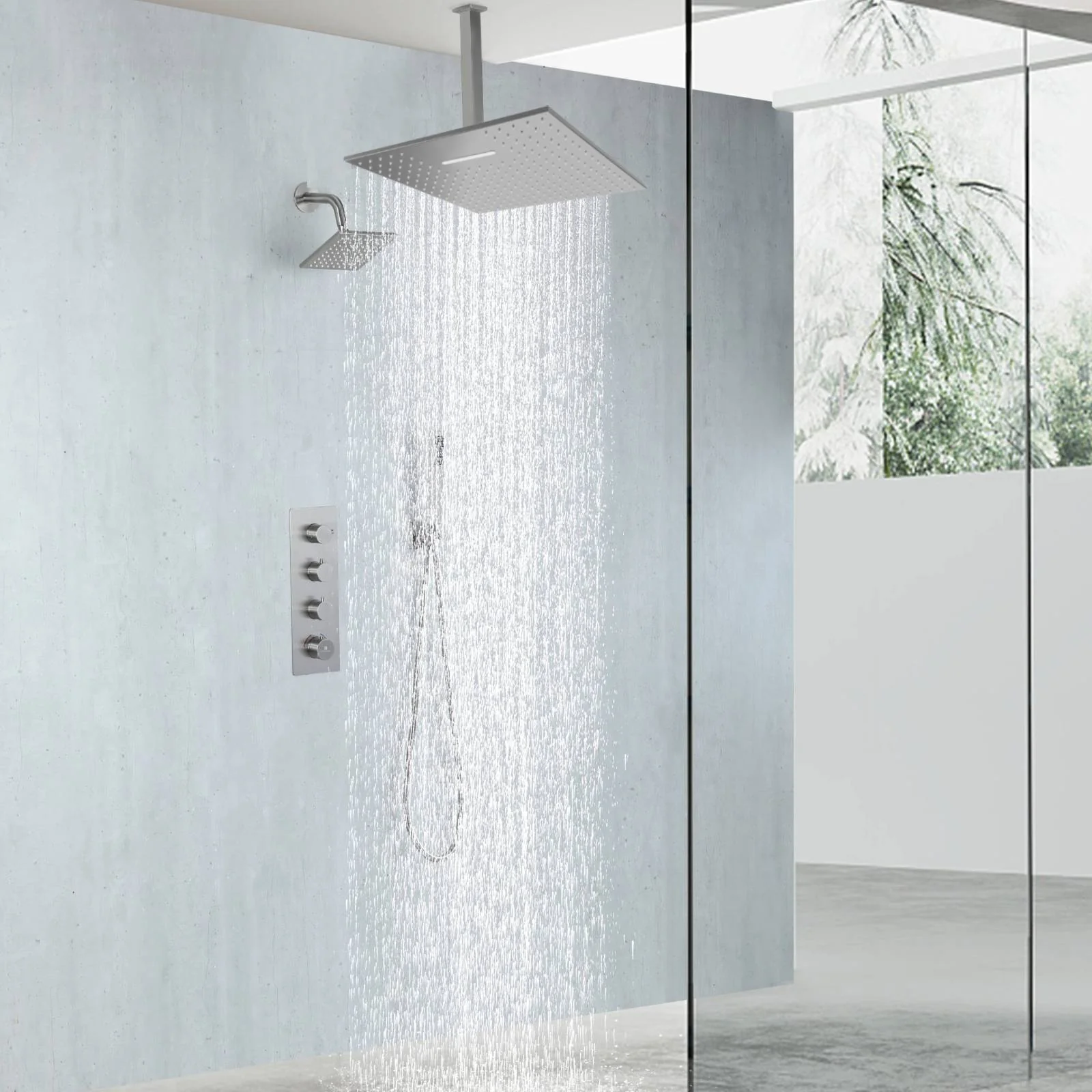 Brushed Nickel Rainfall Shower Head System: Available in 12'' or 16'', Optional LED Light, High Pressure, 3-Way Thermostatic Faucet, Simultaneous or Separate Functionality, with Optional Digital Display - Image 3