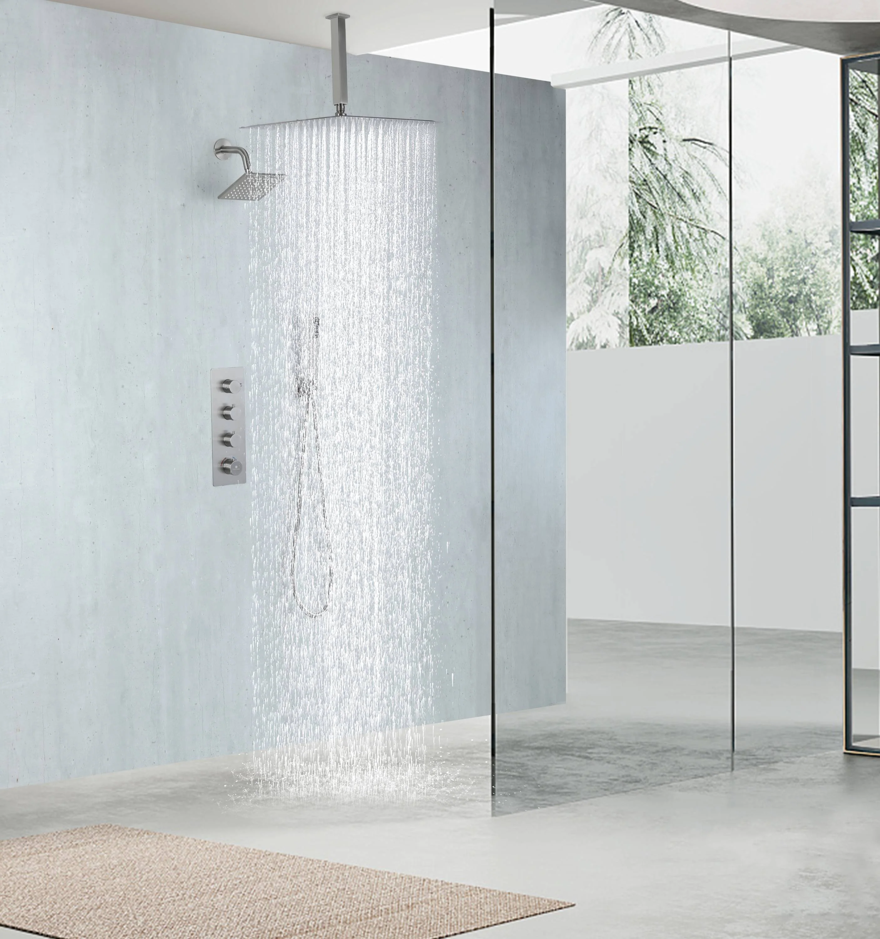 Brushed Nickel Rainfall Shower Head System: Available in 12'' or 16'', Optional LED Light, High Pressure, 3-Way Thermostatic Faucet, Simultaneous or Separate Functionality, with Optional Digital Display - Image 5