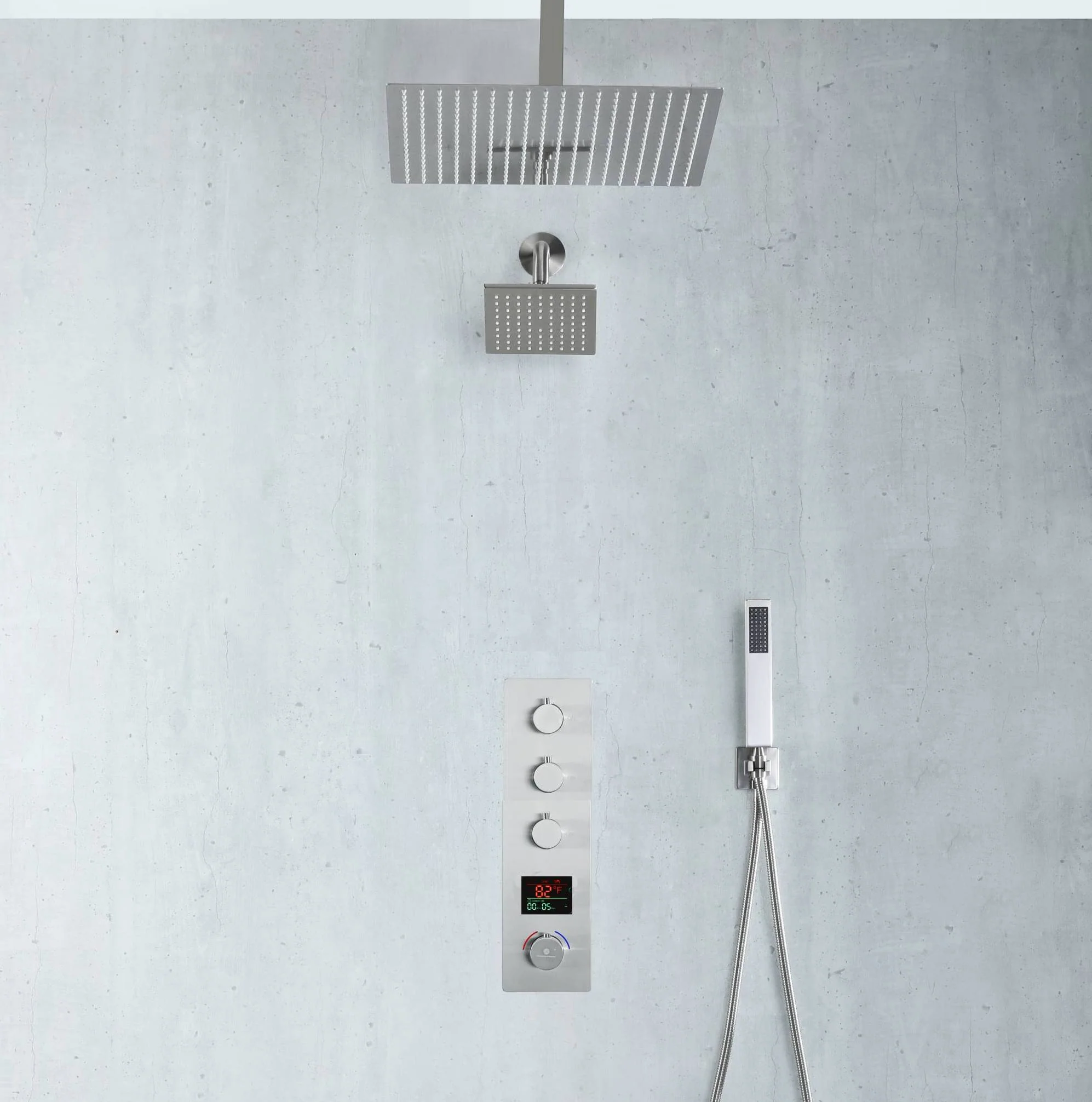 Brushed Nickel Rainfall Shower Head System: Available in 12'' or 16'', Optional LED Light, High Pressure, 3-Way Thermostatic Faucet, Simultaneous or Separate Functionality, with Optional Digital Display - Image 6