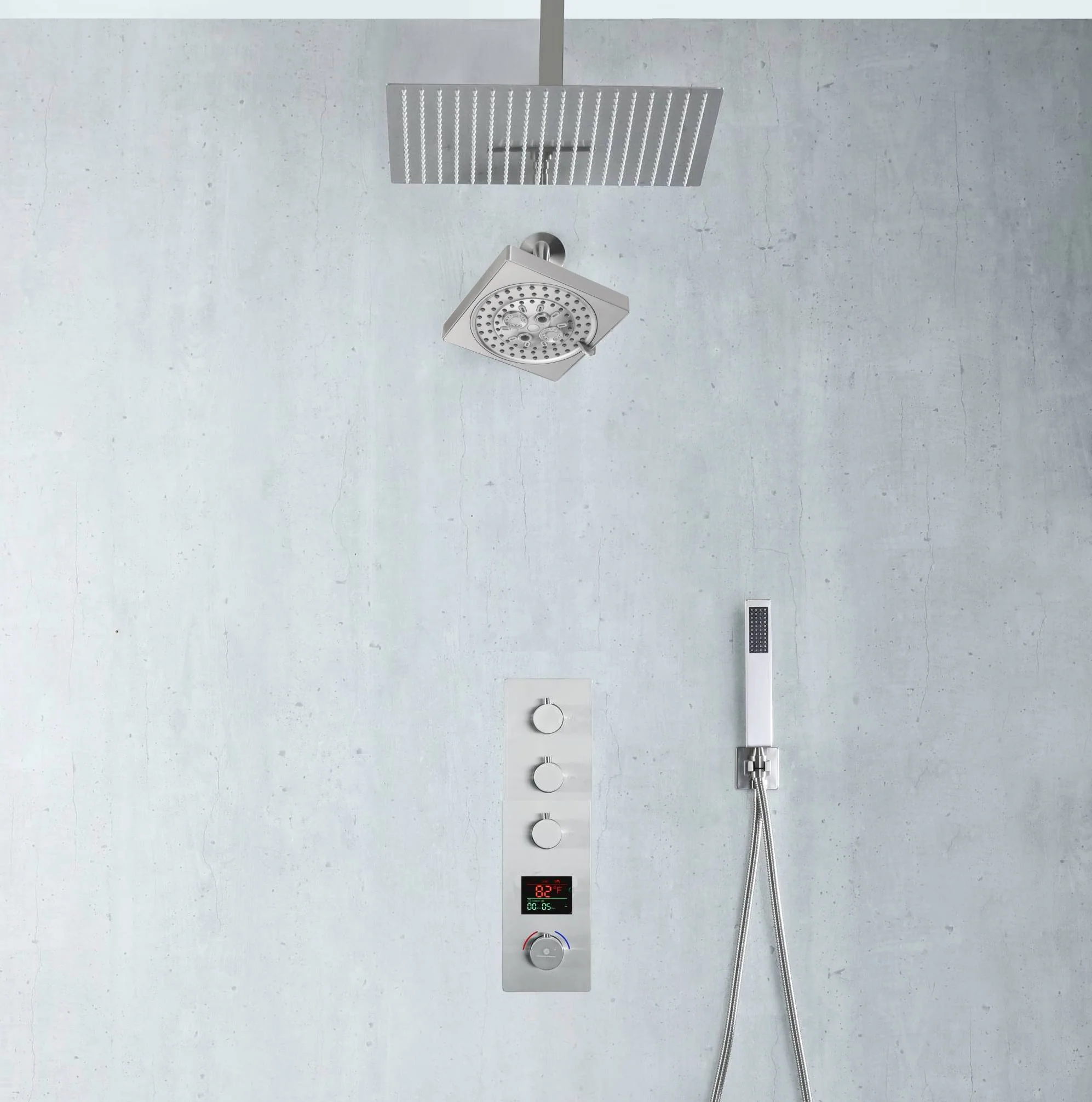 Brushed Nickel Rainfall Shower Head System: Available in 12'' or 16'', Optional LED Light, High Pressure, 3-Way Thermostatic Faucet, Simultaneous or Separate Functionality, with Optional Digital Display - Image 7