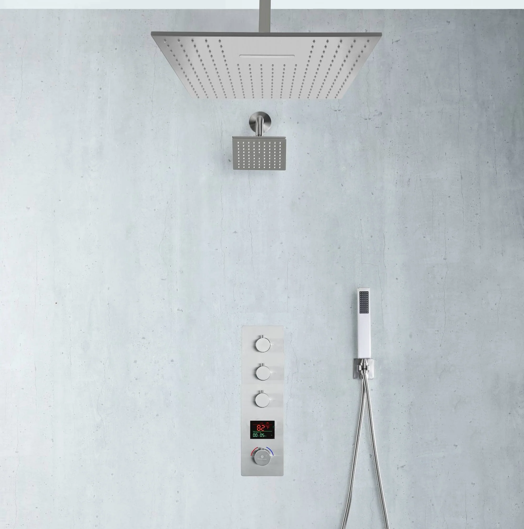 Brushed Nickel Rainfall Shower Head System: Available in 12'' or 16'', Optional LED Light, High Pressure, 3-Way Thermostatic Faucet, Simultaneous or Separate Functionality, with Optional Digital Display - Image 8