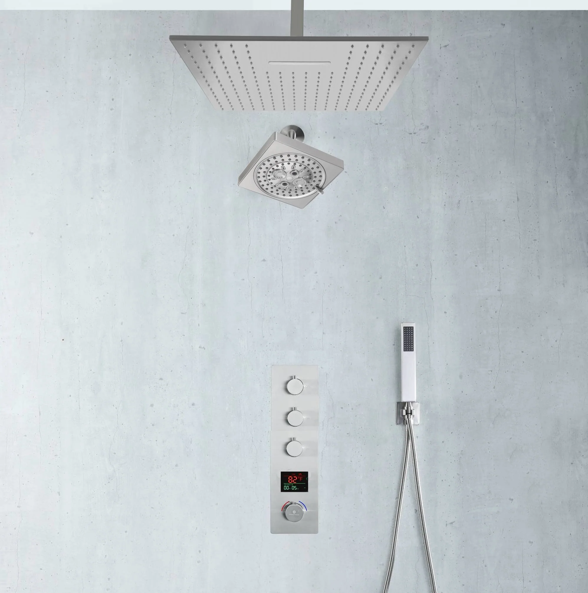 Brushed Nickel Rainfall Shower Head System: Available in 12'' or 16'', Optional LED Light, High Pressure, 3-Way Thermostatic Faucet, Simultaneous or Separate Functionality, with Optional Digital Display - Image 9