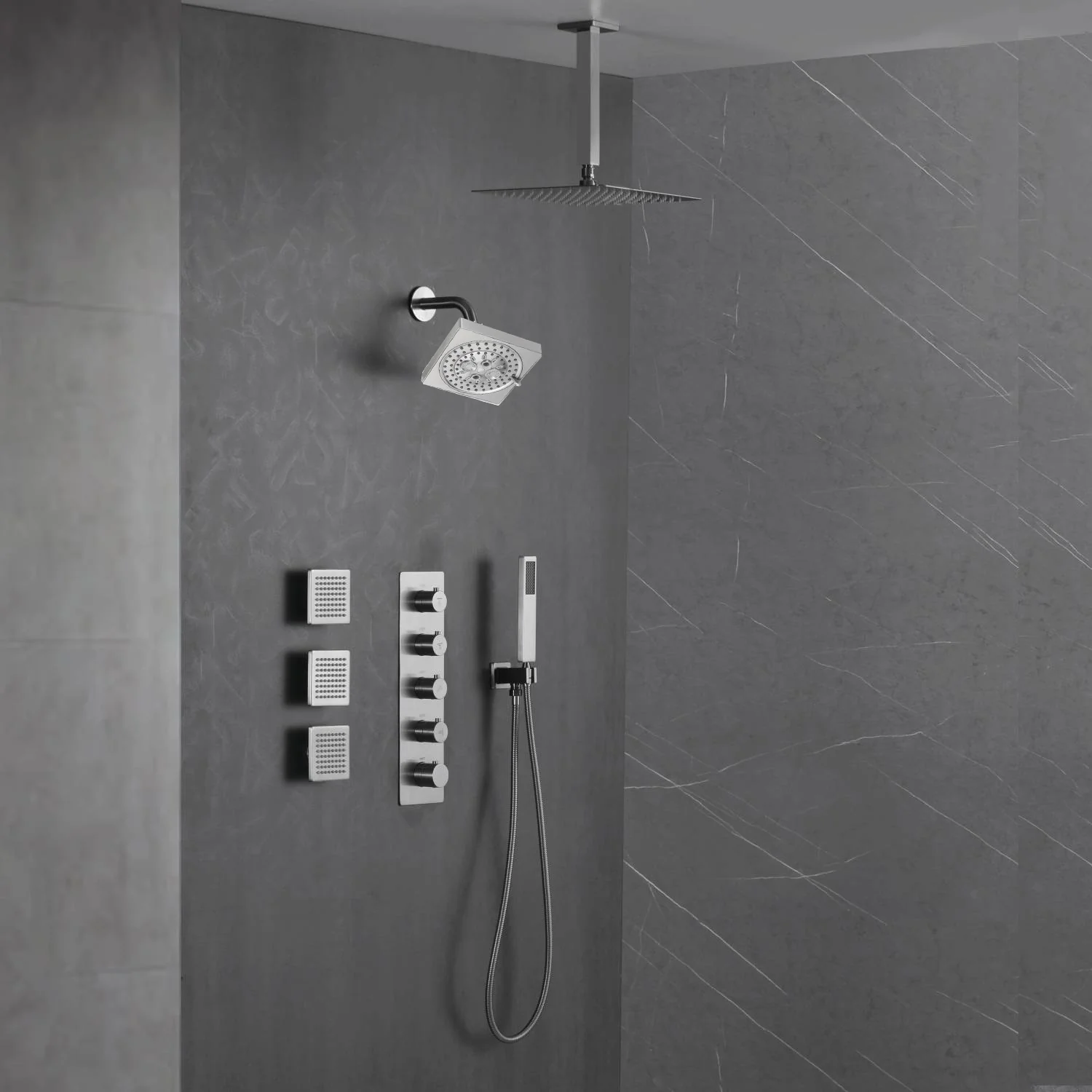 Brushed Nickel 4-Way Thermostatic Ceiling Mount Shower System - Featuring Dual Functionality with 12 or 16-inch LED or Non-LED Rain Head and High Pressure 6-inch Regular Head - Image 2