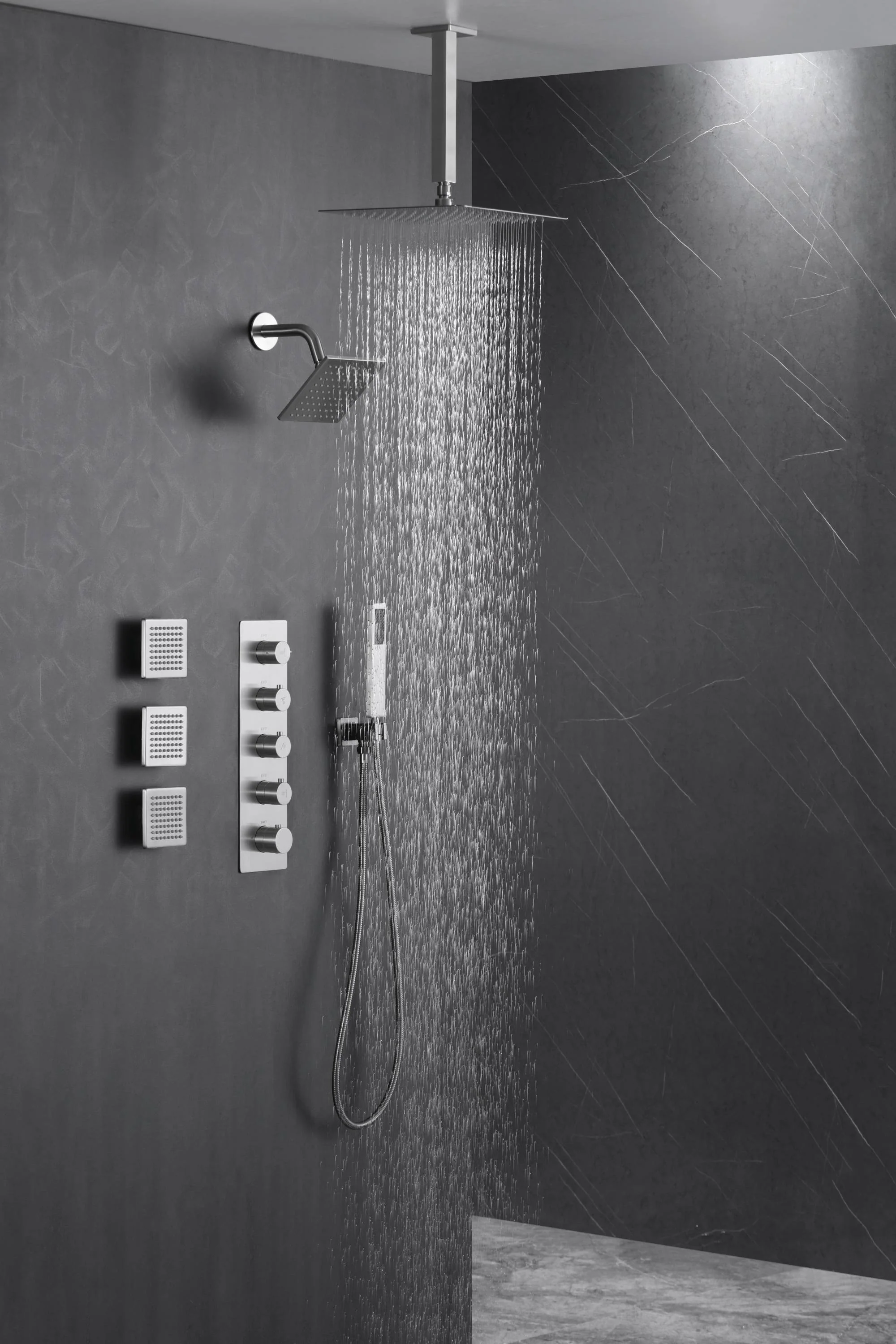 Brushed Nickel 4-Way Thermostatic Ceiling Mount Shower System - Featuring Dual Functionality with 12 or 16-inch LED or Non-LED Rain Head and High Pressure 6-inch Regular Head - Image 6