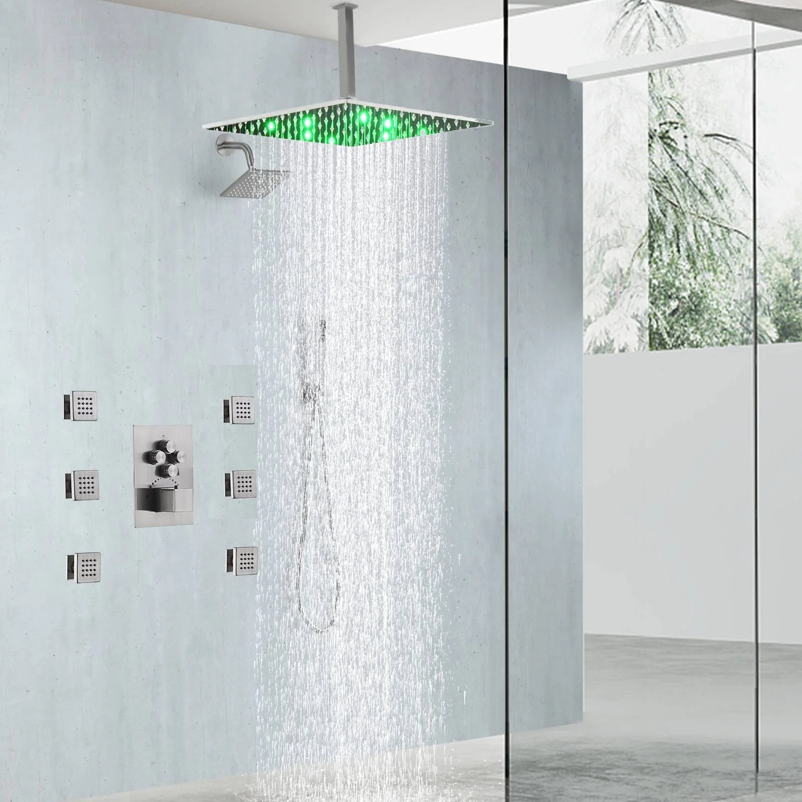 Brushed nickel rainfall shower head high pressure shower head 4 way thermostatic valve shower heads systems each function work at the same time and separately - Image 2