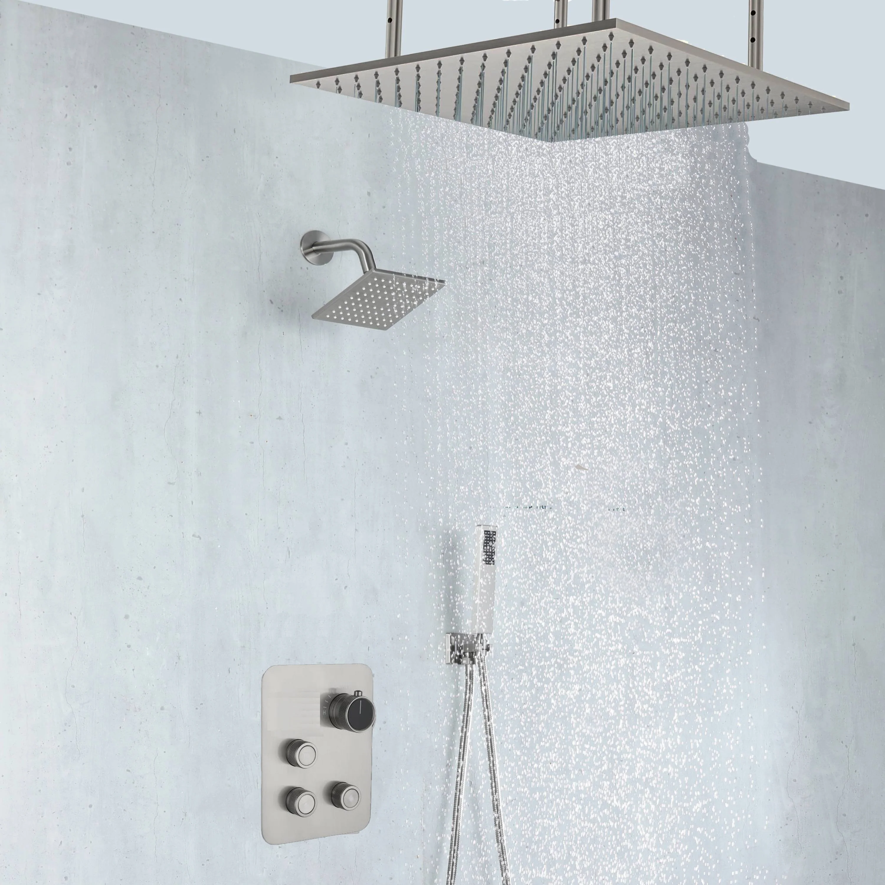 Brushed nickel 20-Inch rainfall shower head high pressure shower head 3 way thermostatic valve shower heads systems each function work at the same time and separately - Image 2