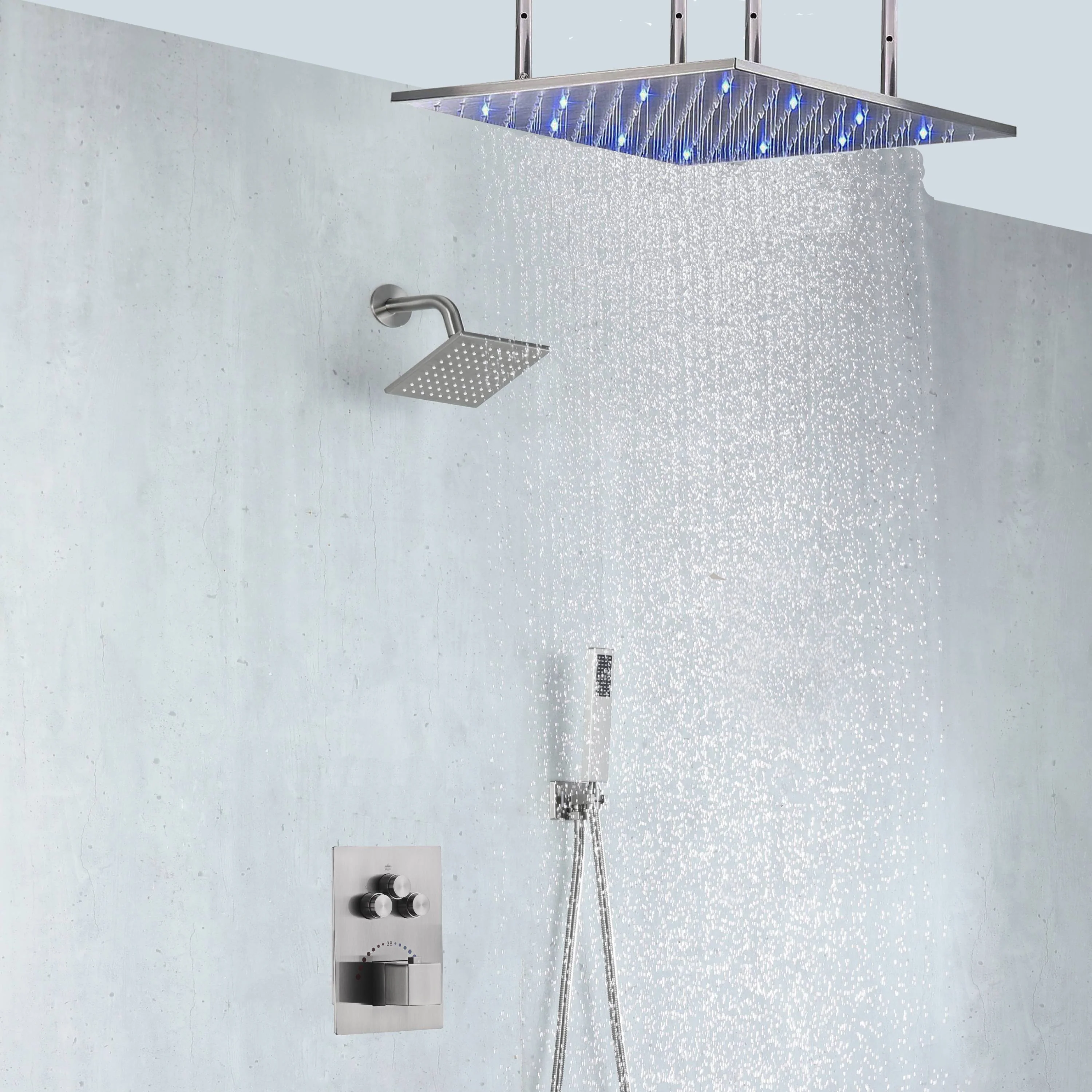 Brushed nickel 20-Inch rainfall shower head high pressure shower head 3 way thermostatic valve shower heads systems each function work at the same time and separately - Image 3