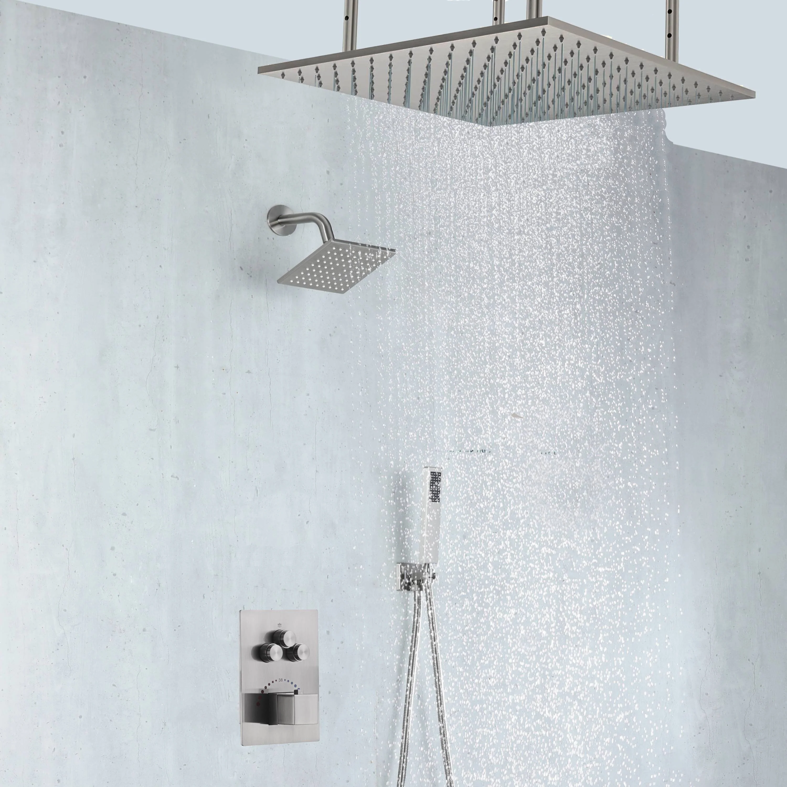 Brushed nickel 20-Inch rainfall shower head high pressure shower head 3 way thermostatic valve shower heads systems each function work at the same time and separately - Image 4