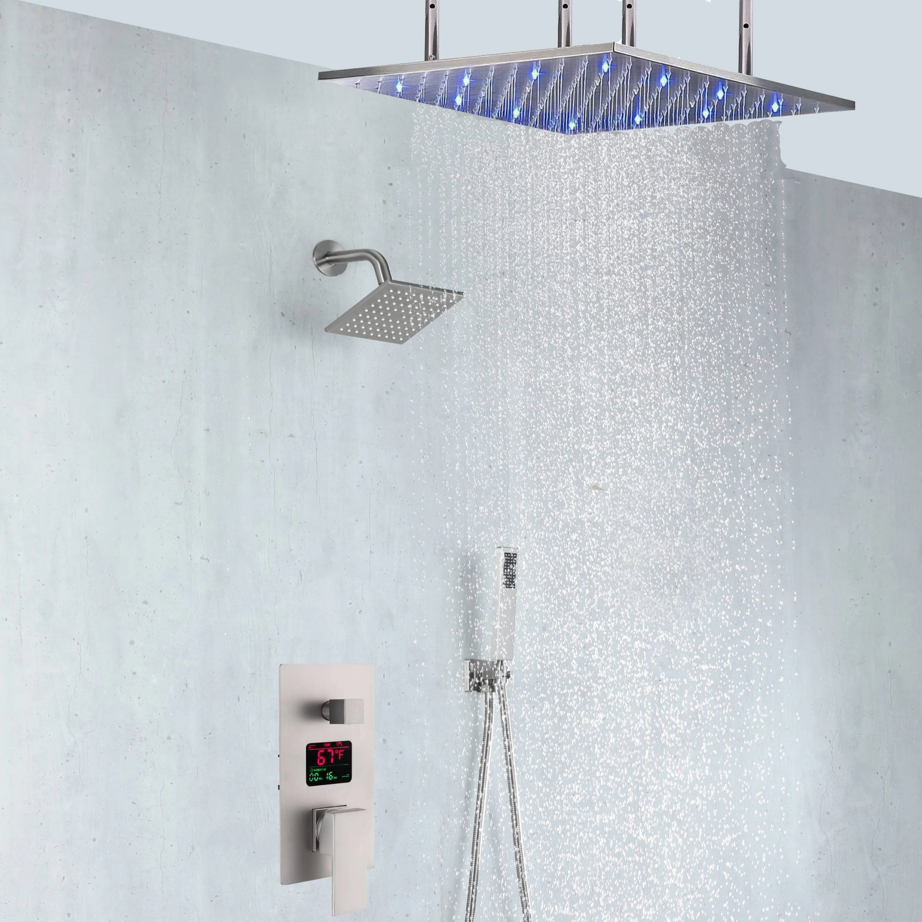 Brushed nickel 20-Inch rainfall shower head high pressure shower head 3 way thermostatic valve shower heads systems each function work at the same time and separately - Image 5