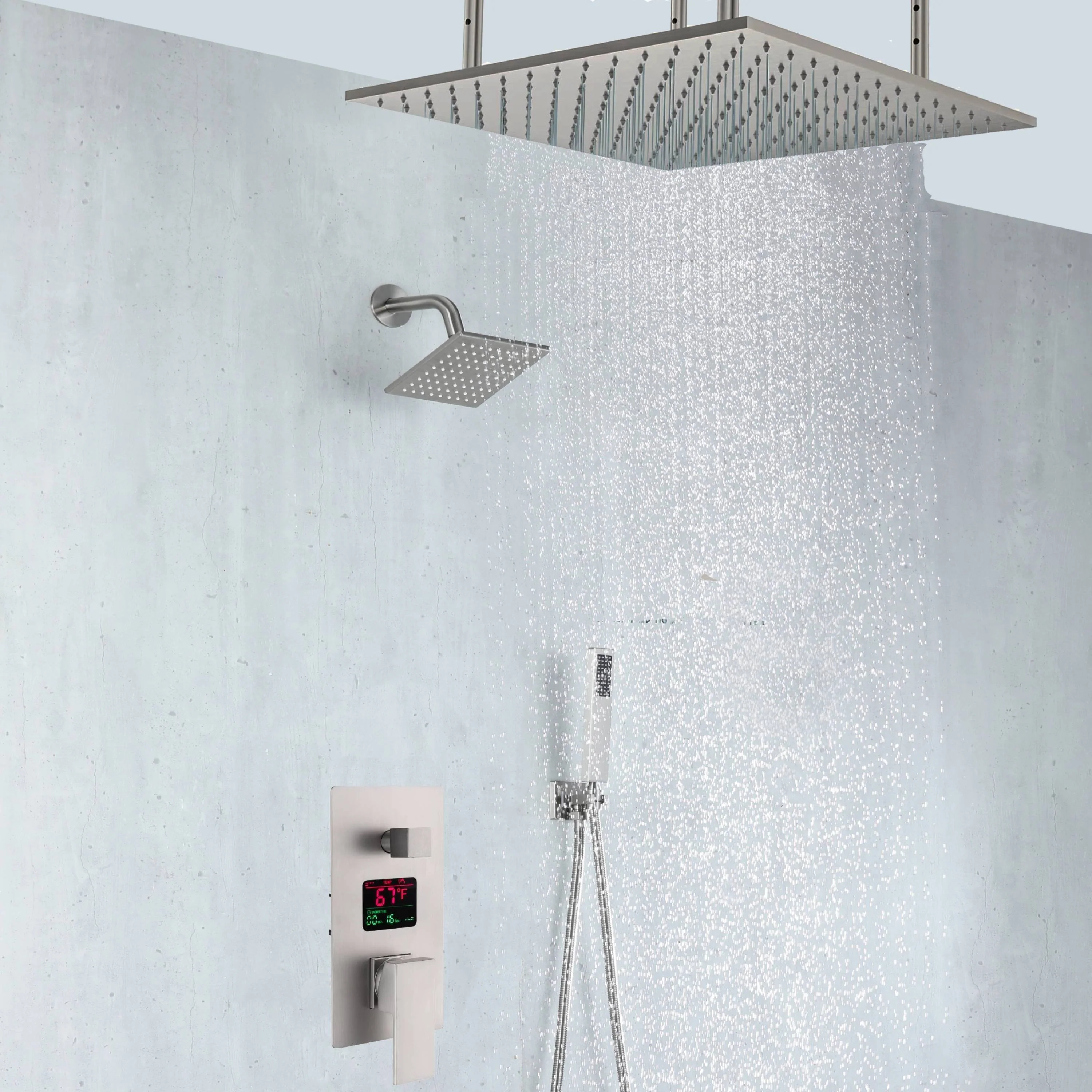 Brushed nickel 20-Inch rainfall shower head high pressure shower head 3 way thermostatic valve shower heads systems each function work at the same time and separately - Image 6