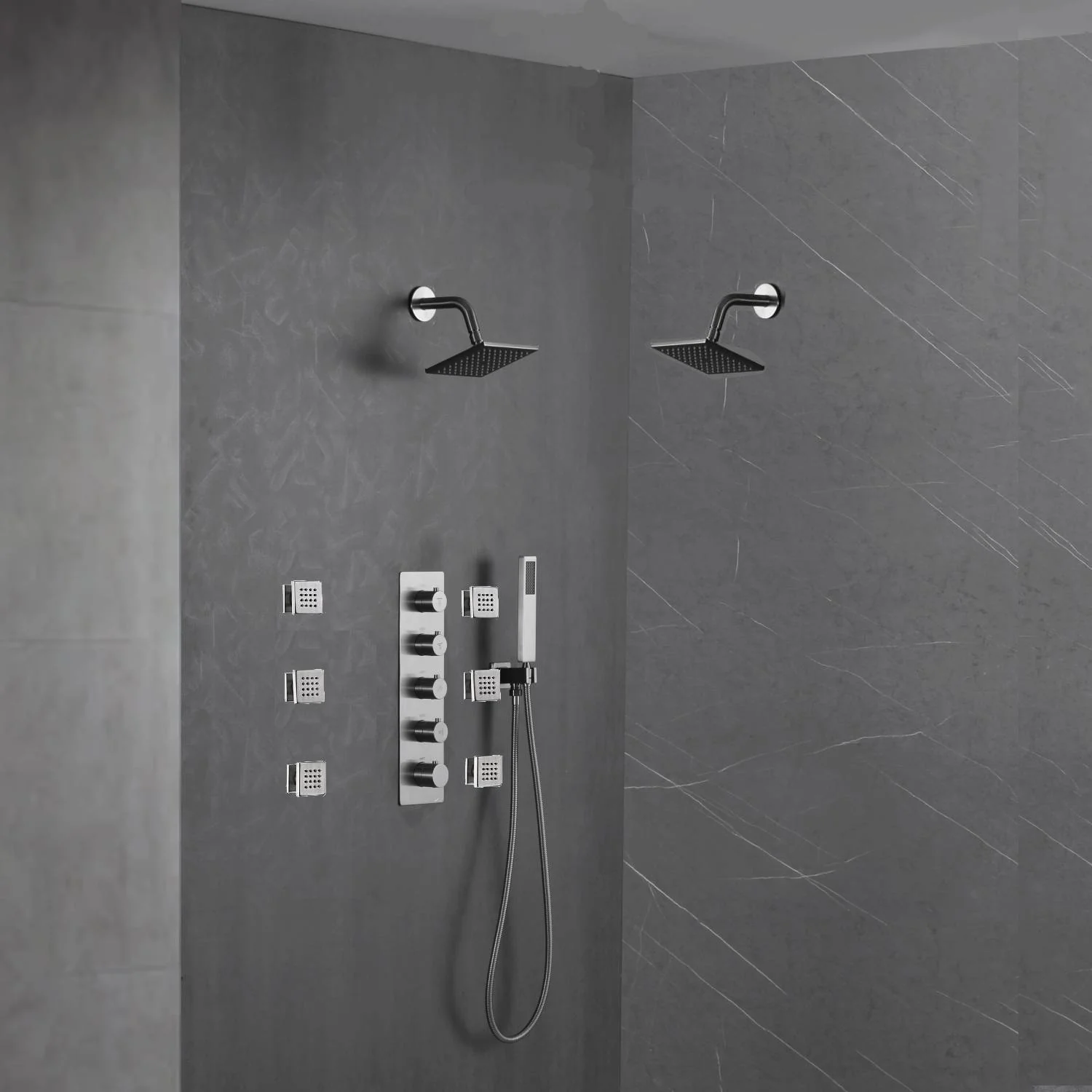Brushed nickel wall mounted dual regular shower head high pressure shower head 4 way thermostatic valve shower heads systems each function work at the same time and separately - Image 2