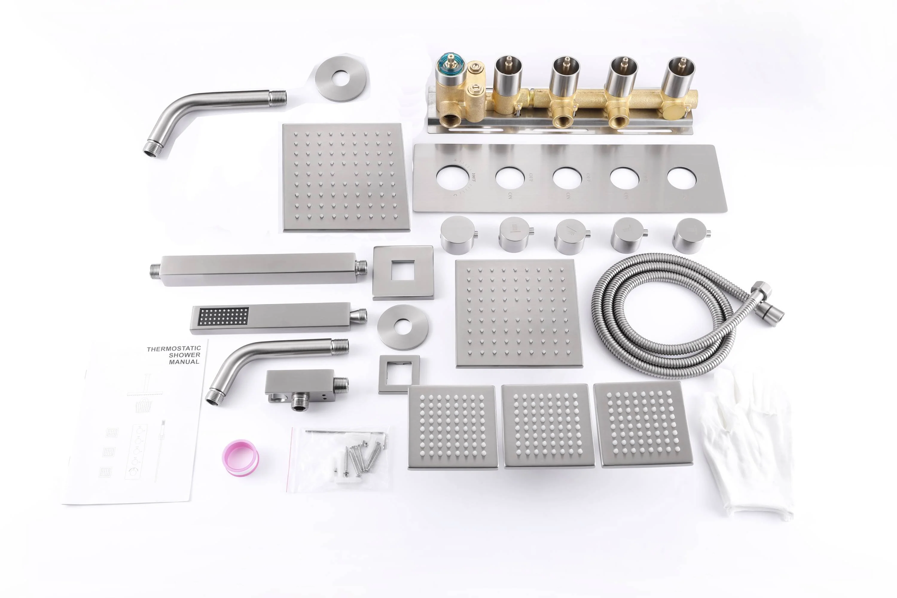 Brushed nickel wall mounted dual regular shower head high pressure shower head 4 way thermostatic valve shower heads systems each function work at the same time and separately - Image 24