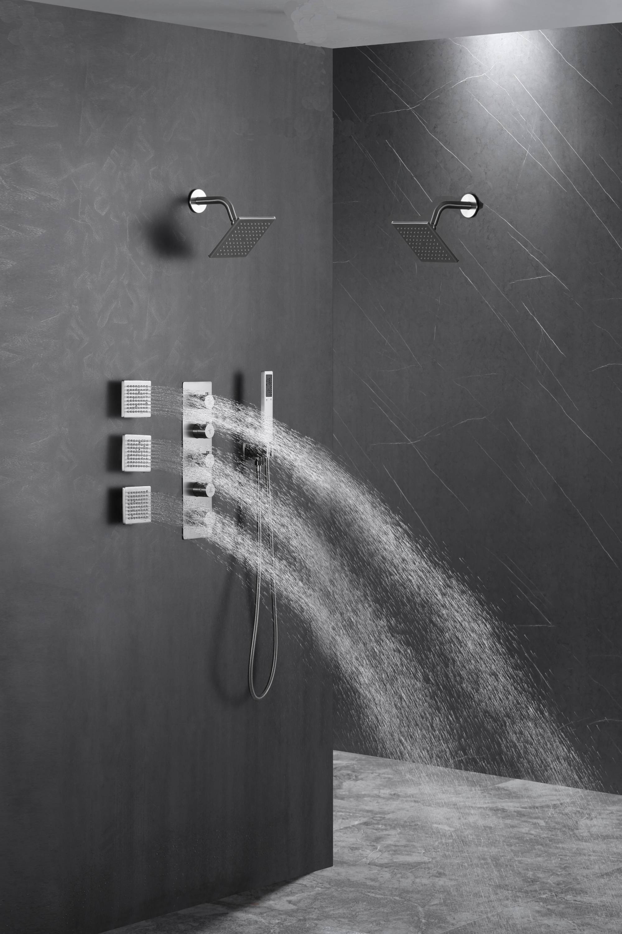 Brushed nickel wall mounted dual regular shower head high pressure shower head 4 way thermostatic valve shower heads systems each function work at the same time and separately - Image 3