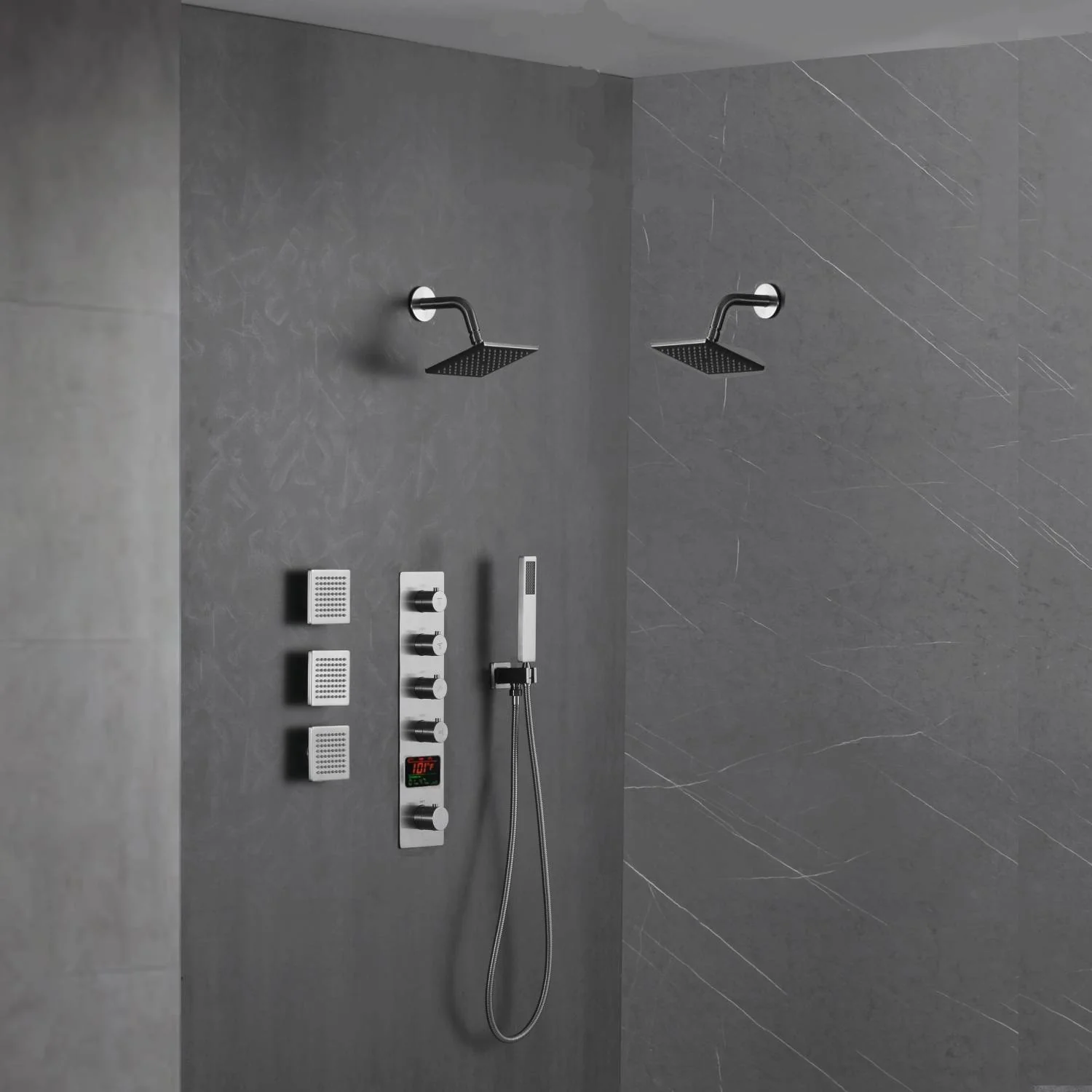 Brushed nickel wall mounted dual regular shower head high pressure shower head 4 way thermostatic valve shower heads systems each function work at the same time and separately - Image 4