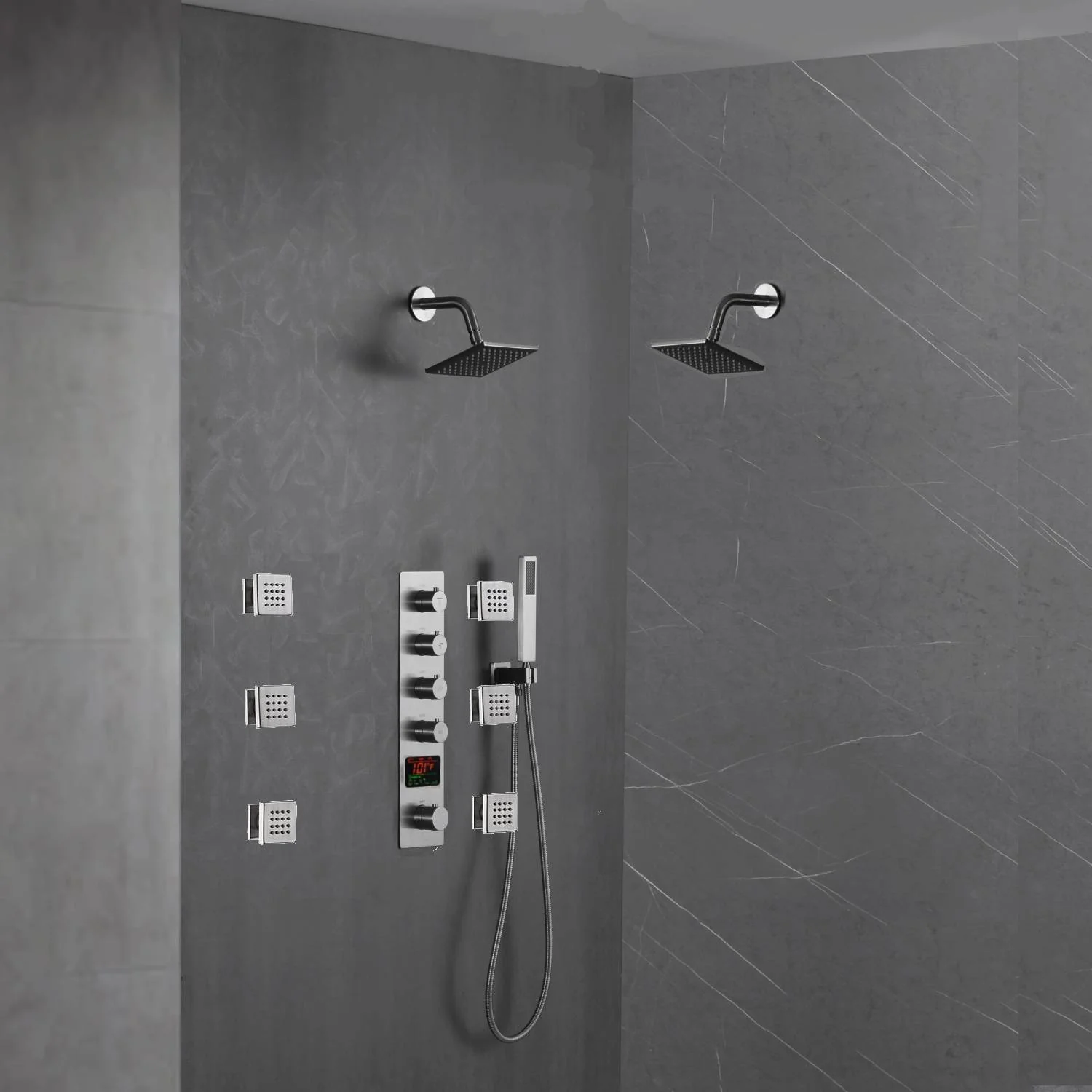 Brushed nickel wall mounted dual regular shower head high pressure shower head 4 way thermostatic valve shower heads systems each function work at the same time and separately - Image 5