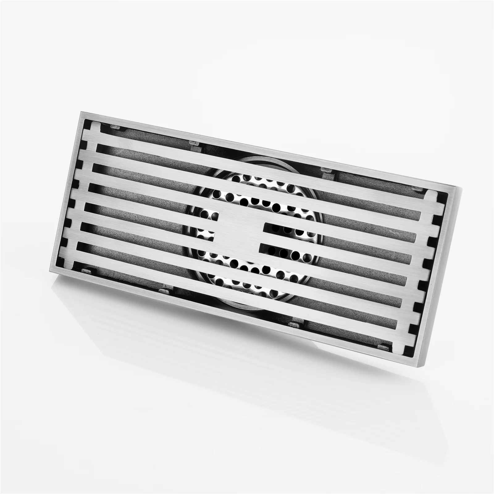 8 Inch Shower Linear Brushed Nickel Drain Rectangular Floor Drain with Accessories Square Hole Pattern Cover Grate Removable Brushed Nickel Brass - Image 4