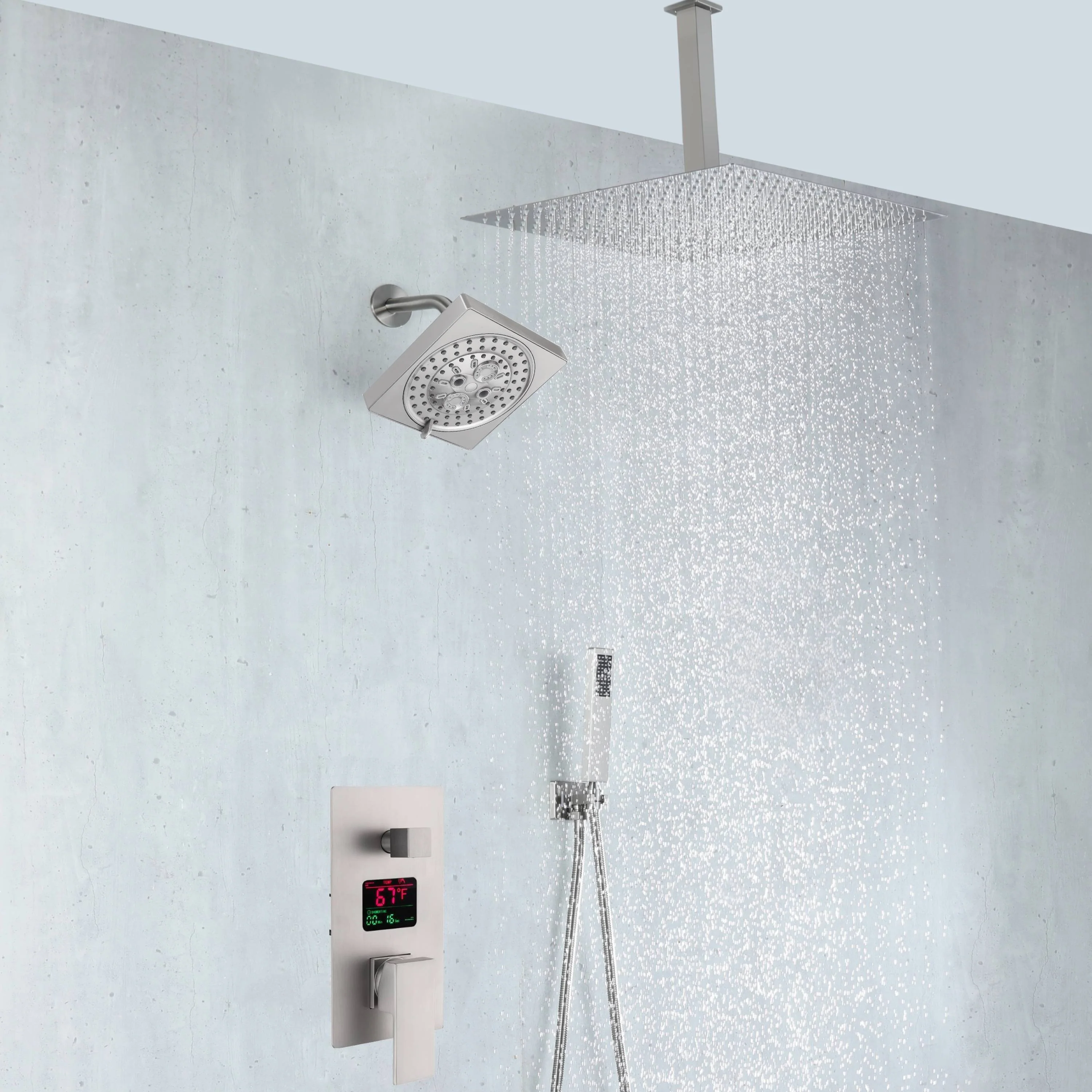 Brushed nickel rainfall shower head high pressure shower head 3 way thermostatic valve shower heads systems each function work at the same time and separately - Image 10
