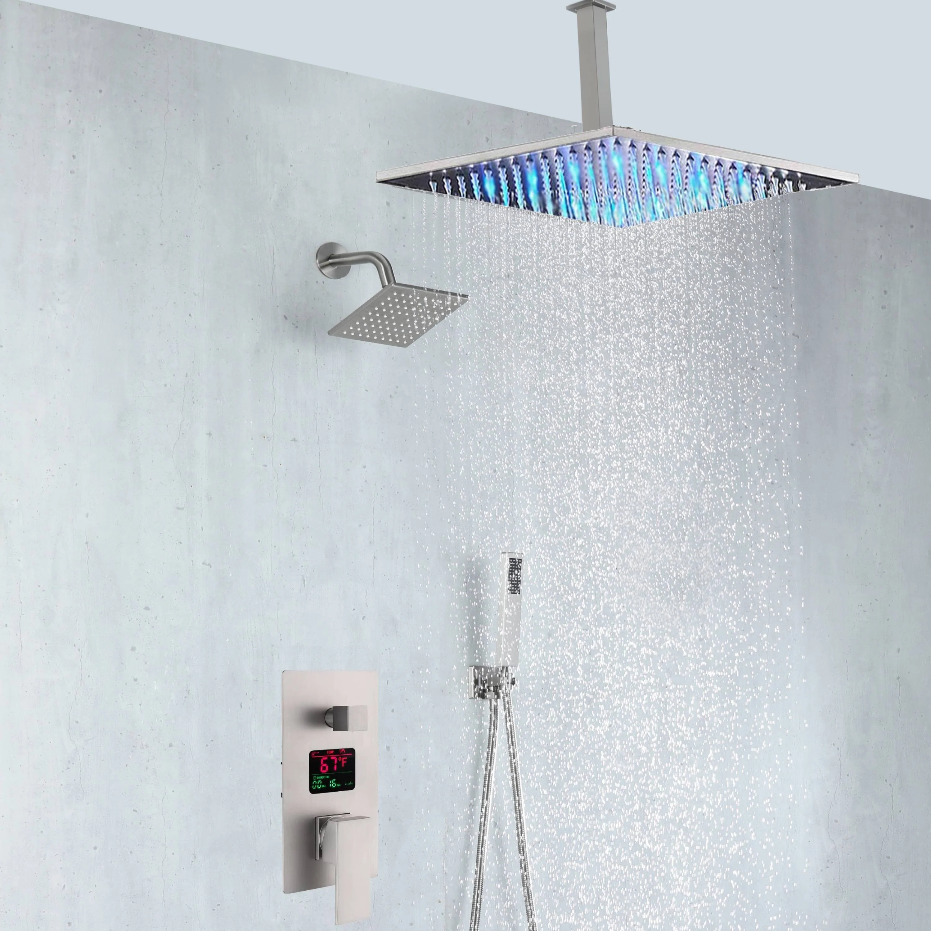 Brushed nickel rainfall shower head high pressure shower head 3 way thermostatic valve shower heads systems each function work at the same time and separately - Image 11