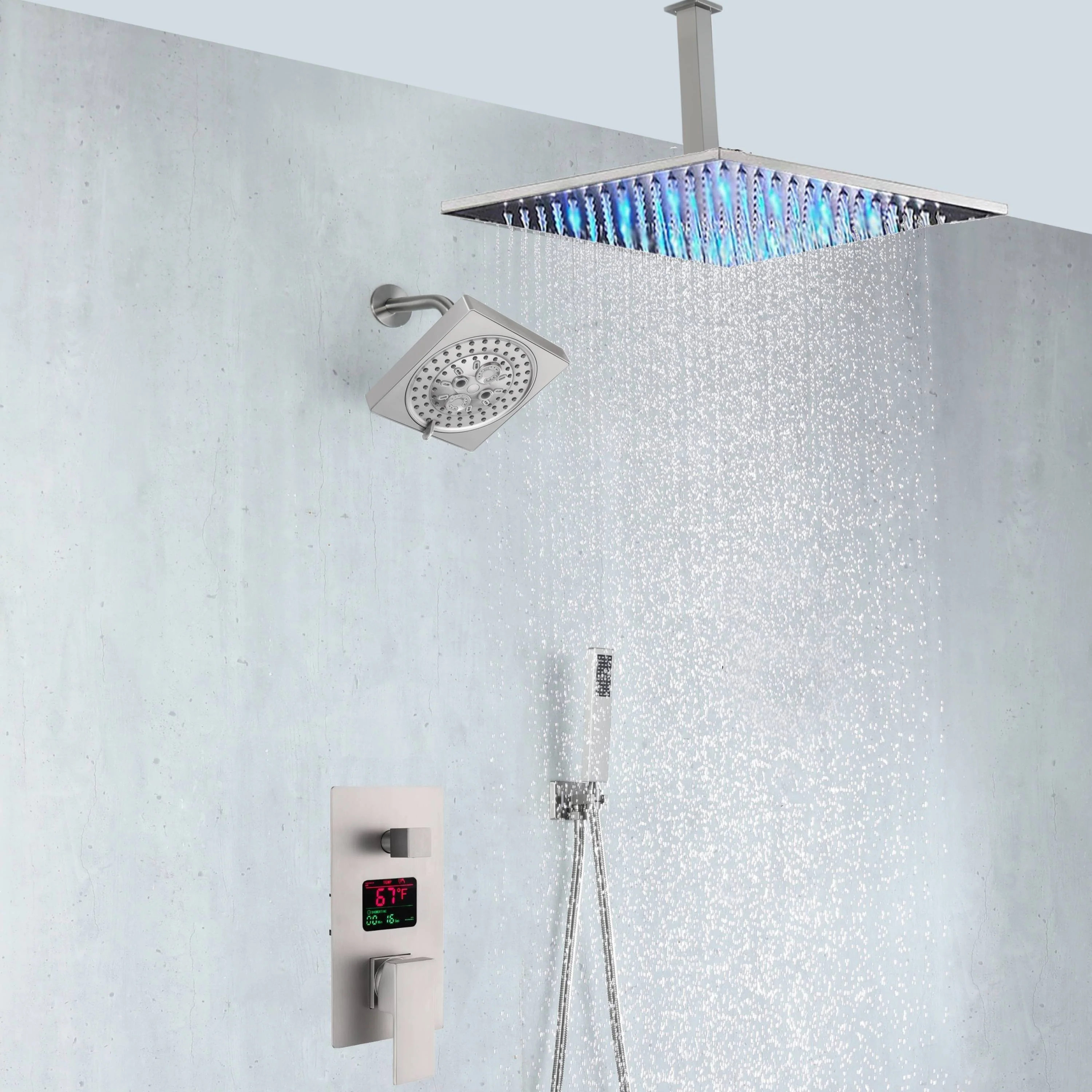 Brushed nickel rainfall shower head high pressure shower head 3 way thermostatic valve shower heads systems each function work at the same time and separately - Image 12