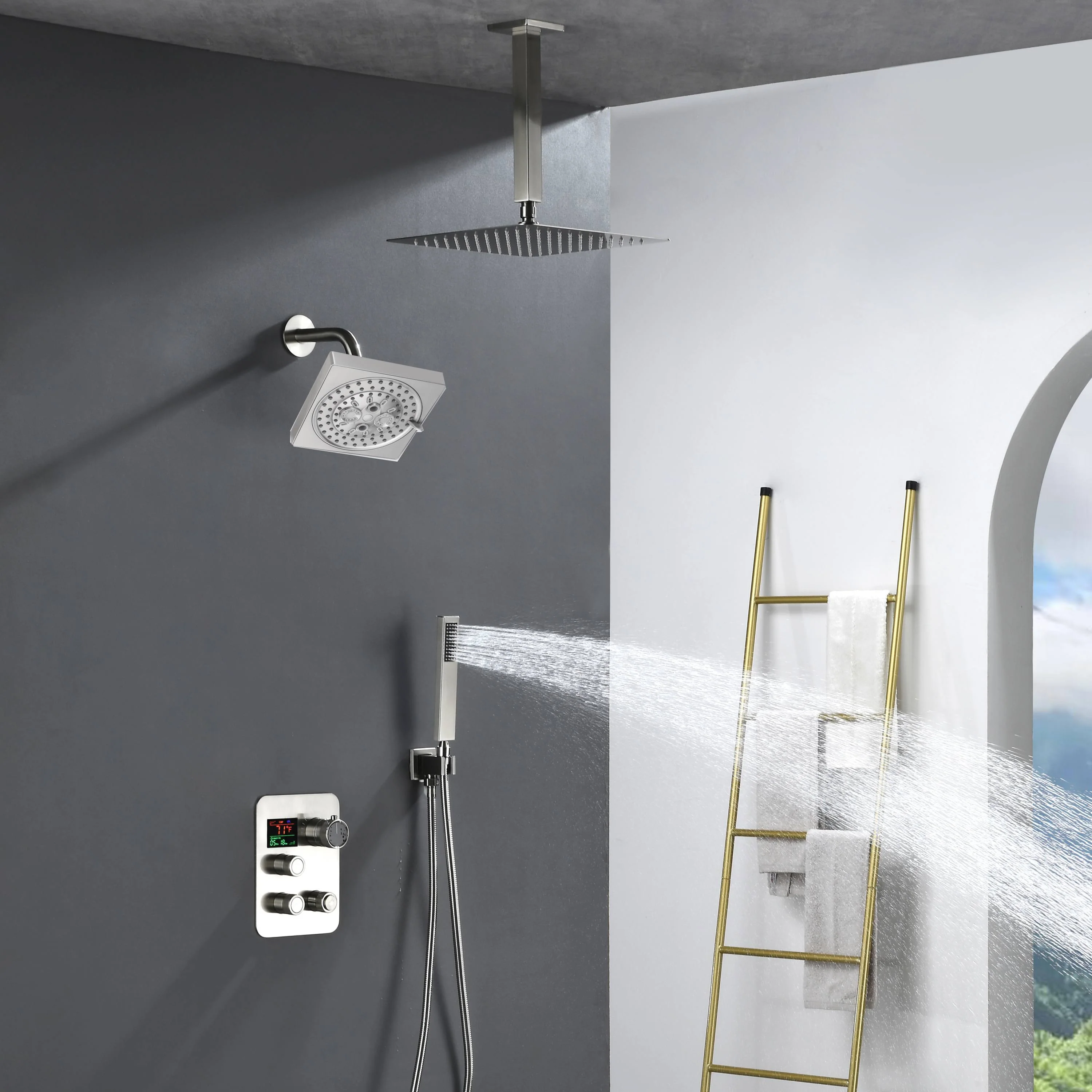 Brushed nickel rainfall shower head high pressure shower head 3 way thermostatic valve shower heads systems each function work at the same time and separately - Image 3