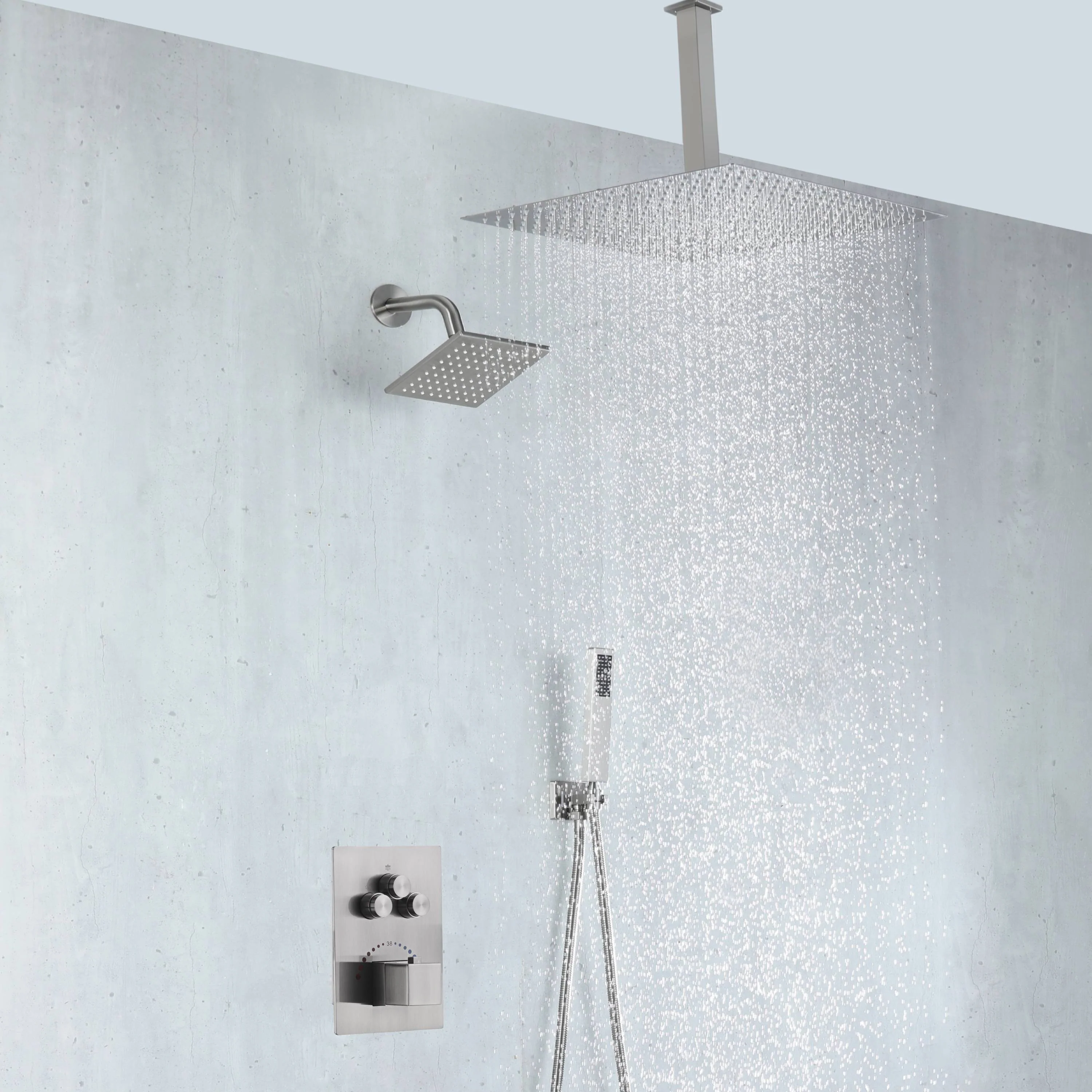 Brushed nickel rainfall shower head high pressure shower head 3 way thermostatic valve shower heads systems each function work at the same time and separately - Image 5