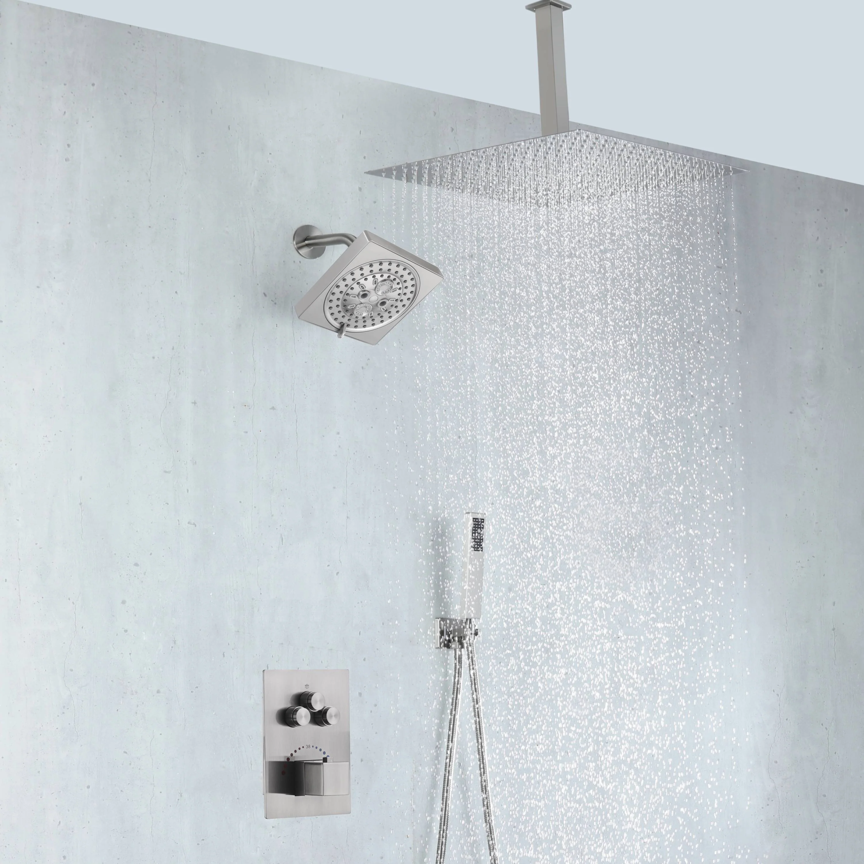 Brushed nickel rainfall shower head high pressure shower head 3 way thermostatic valve shower heads systems each function work at the same time and separately - Image 6