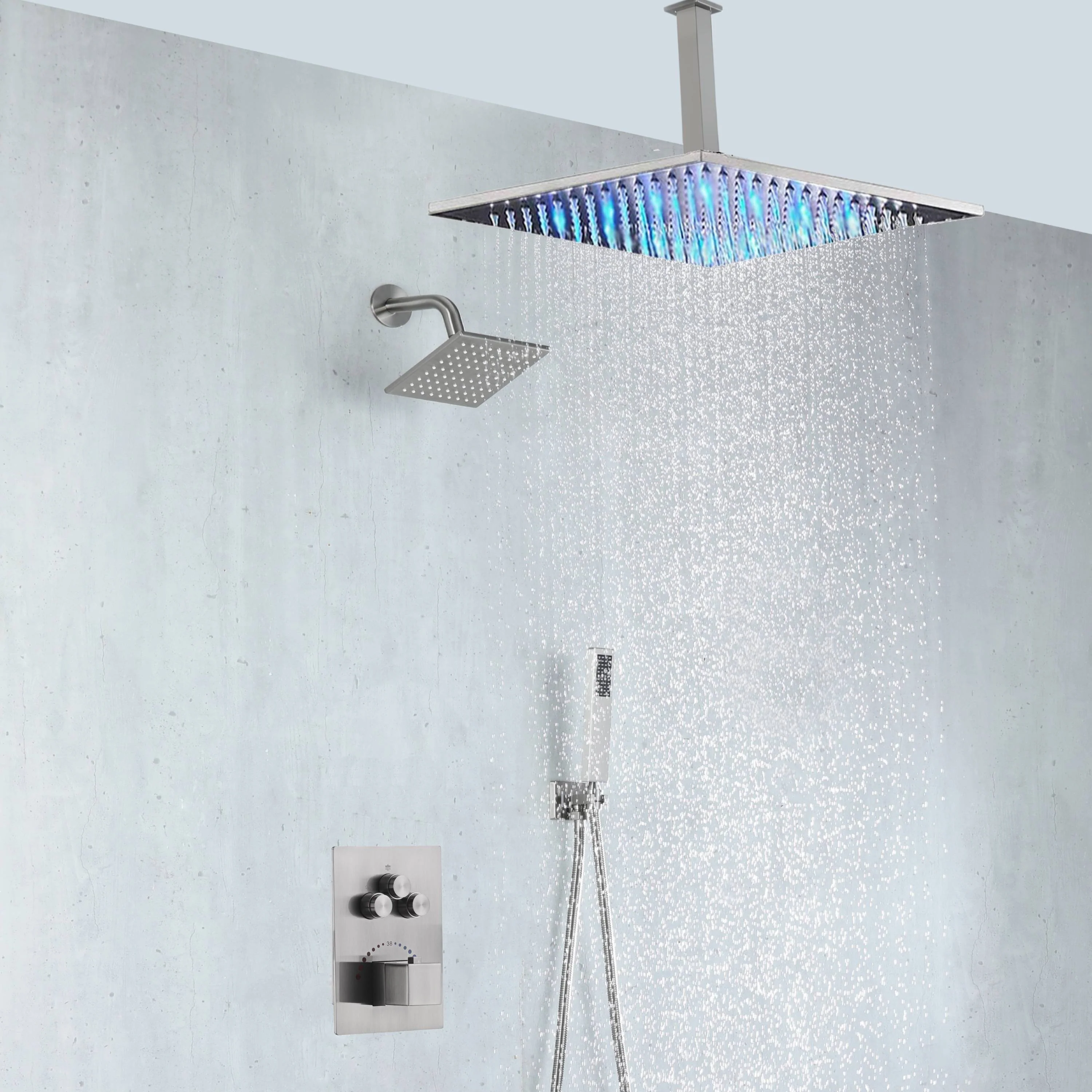 Brushed nickel rainfall shower head high pressure shower head 3 way thermostatic valve shower heads systems each function work at the same time and separately - Image 7