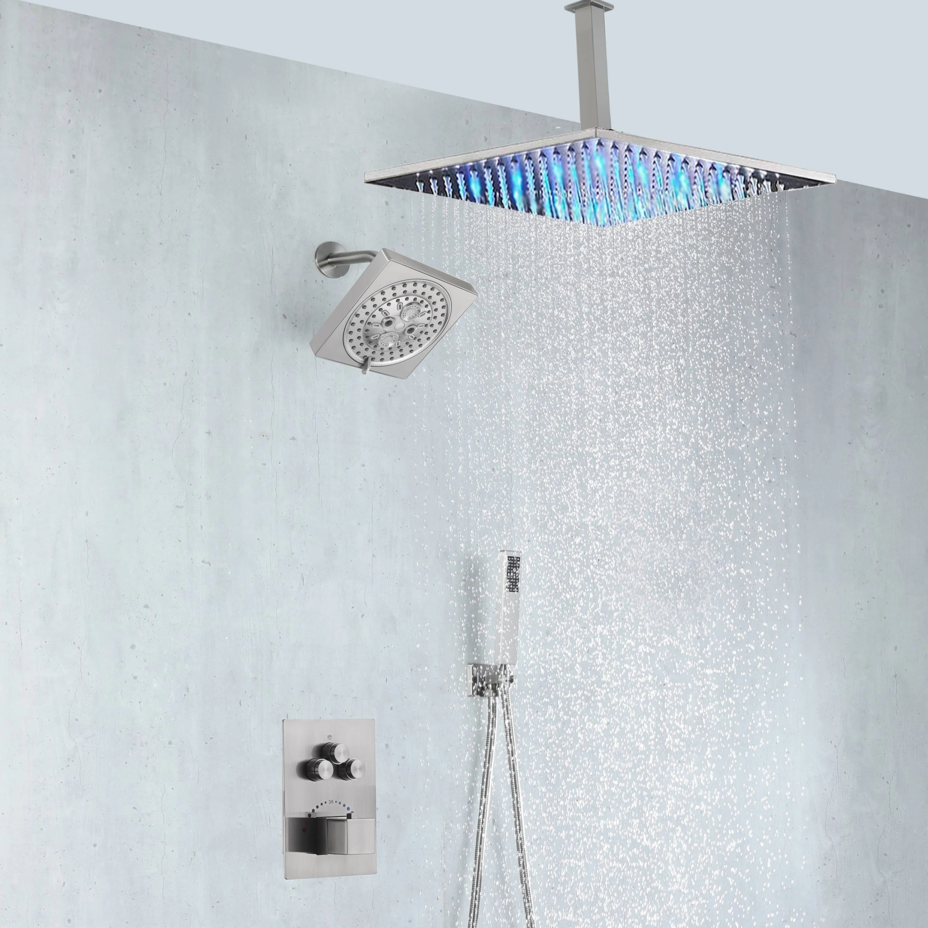 Brushed nickel rainfall shower head high pressure shower head 3 way thermostatic valve shower heads systems each function work at the same time and separately - Image 8