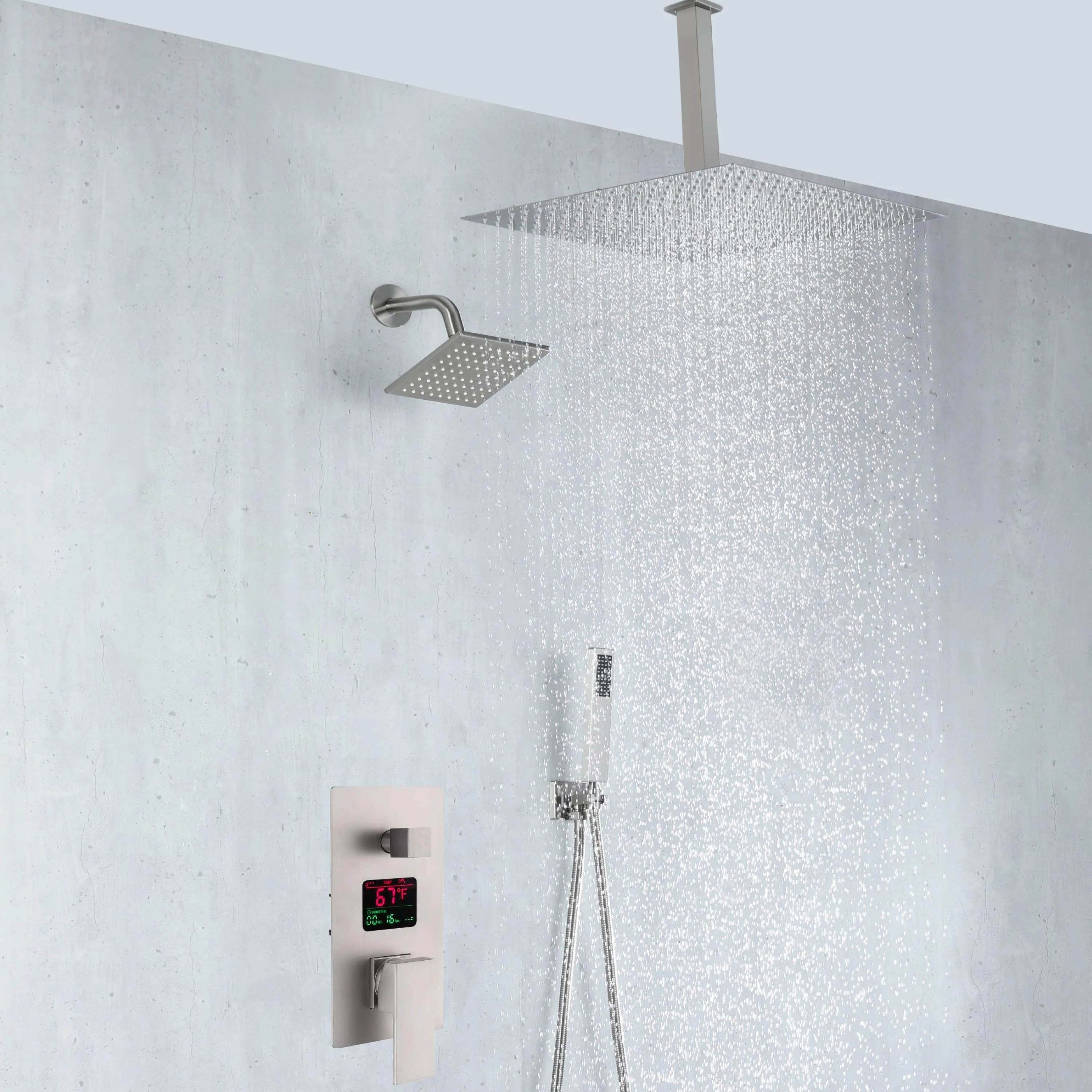 Brushed nickel rainfall shower head high pressure shower head 3 way thermostatic valve shower heads systems each function work at the same time and separately - Image 9