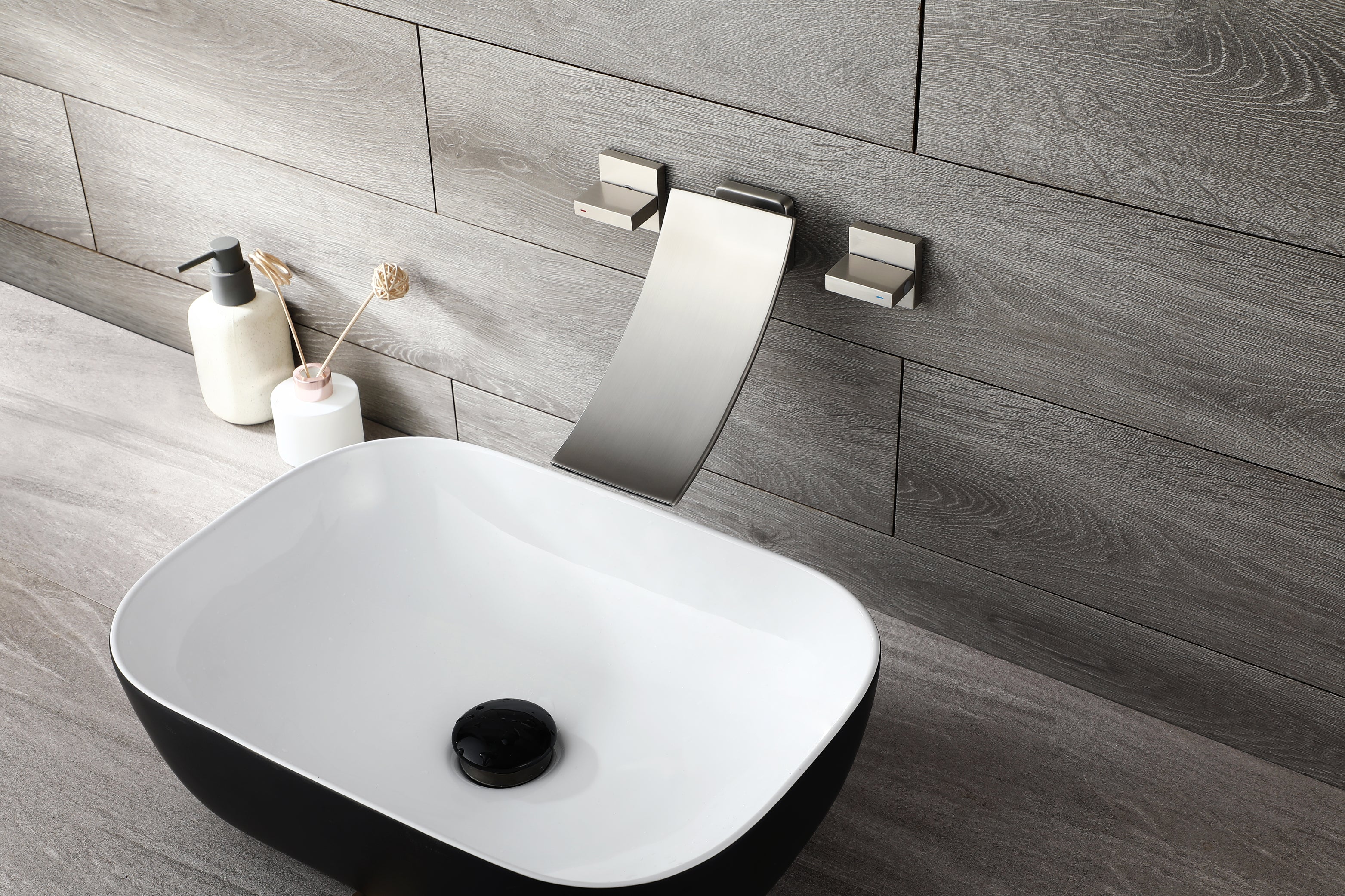 Brushed Nickel Wall Mount Waterfall Bathroom Sink Faucet with Overflow Brass Pop-Up Drain - Image 4
