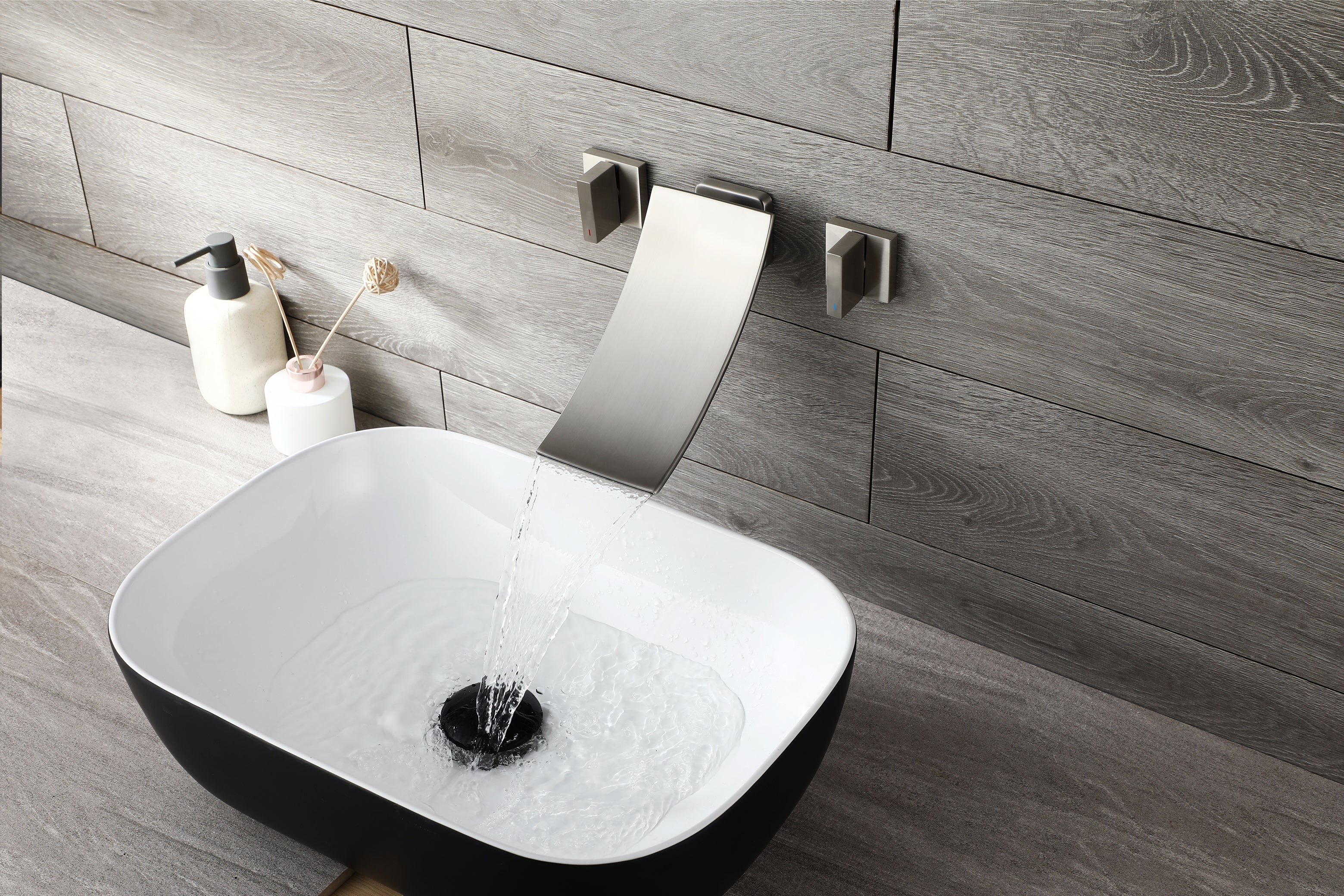 Brushed Nickel Wall Mount Waterfall Bathroom Sink Faucet with Overflow Brass Pop-Up Drain - Image 5
