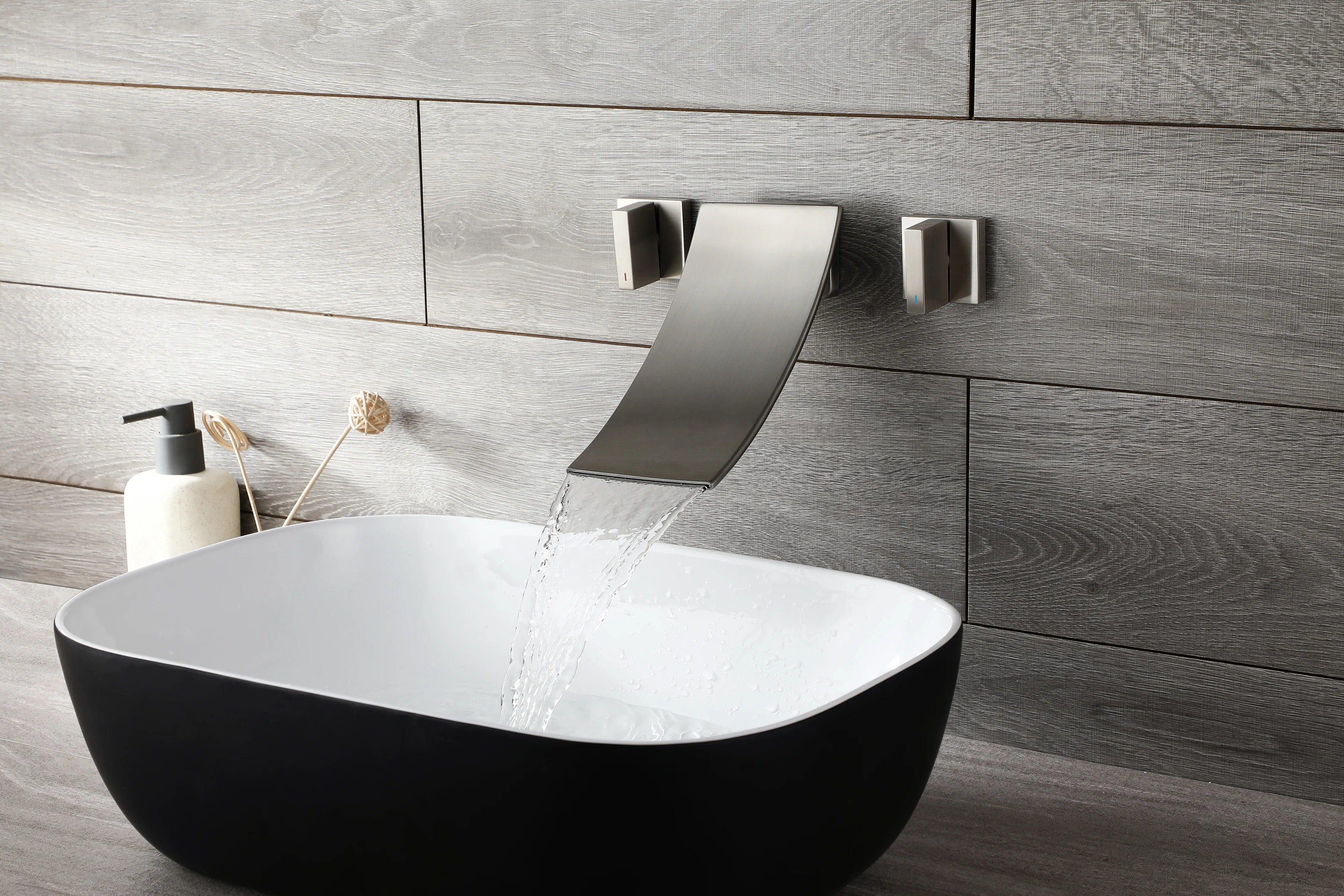 Brushed Nickel Wall Mount Waterfall Bathroom Sink Faucet with Overflow Brass Pop-Up Drain - Image 6