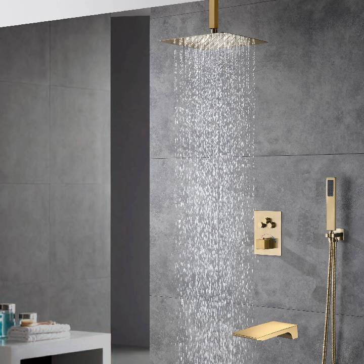 Brushed Gold Ceiling Mount 3-Way Thermostatic Shower Valve System with Waterfall Tub Spout - Simultaneous or Separate Functionality - Image 10